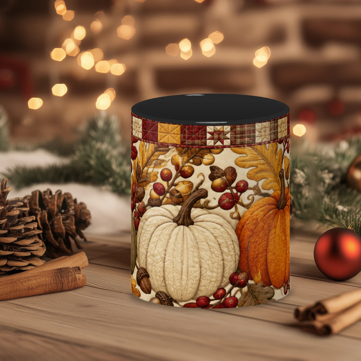 Fall Pumpkin Quilt Mug, Rustic Autumn Farmhouse Coffee Cup, Cozy Thanksgiving Ceramic Gift Mug