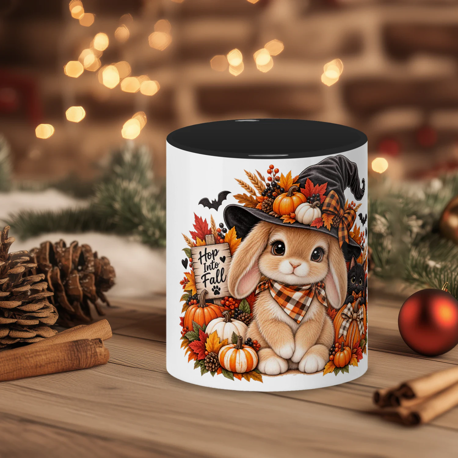 Hop Into Fall Bunny Mug, Cute Witch Hat Halloween Coffee Cup, Autumn Pumpkin Black Cat Ceramic Mug