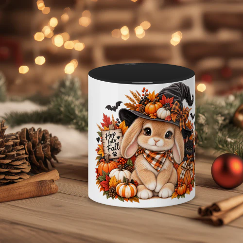 Hop Into Fall Bunny Witch Hat Mug, Cute Autumn Halloween Coffee Cup, Pumpkin Black Cat Ceramic Mug Gift