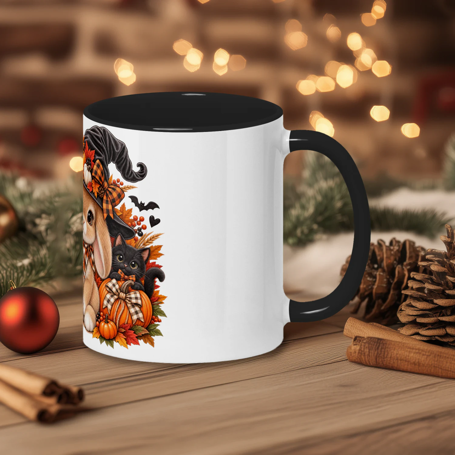 Hop Into Fall Bunny Mug, Cute Witch Hat Halloween Coffee Cup, Autumn Pumpkin Black Cat Ceramic Mug