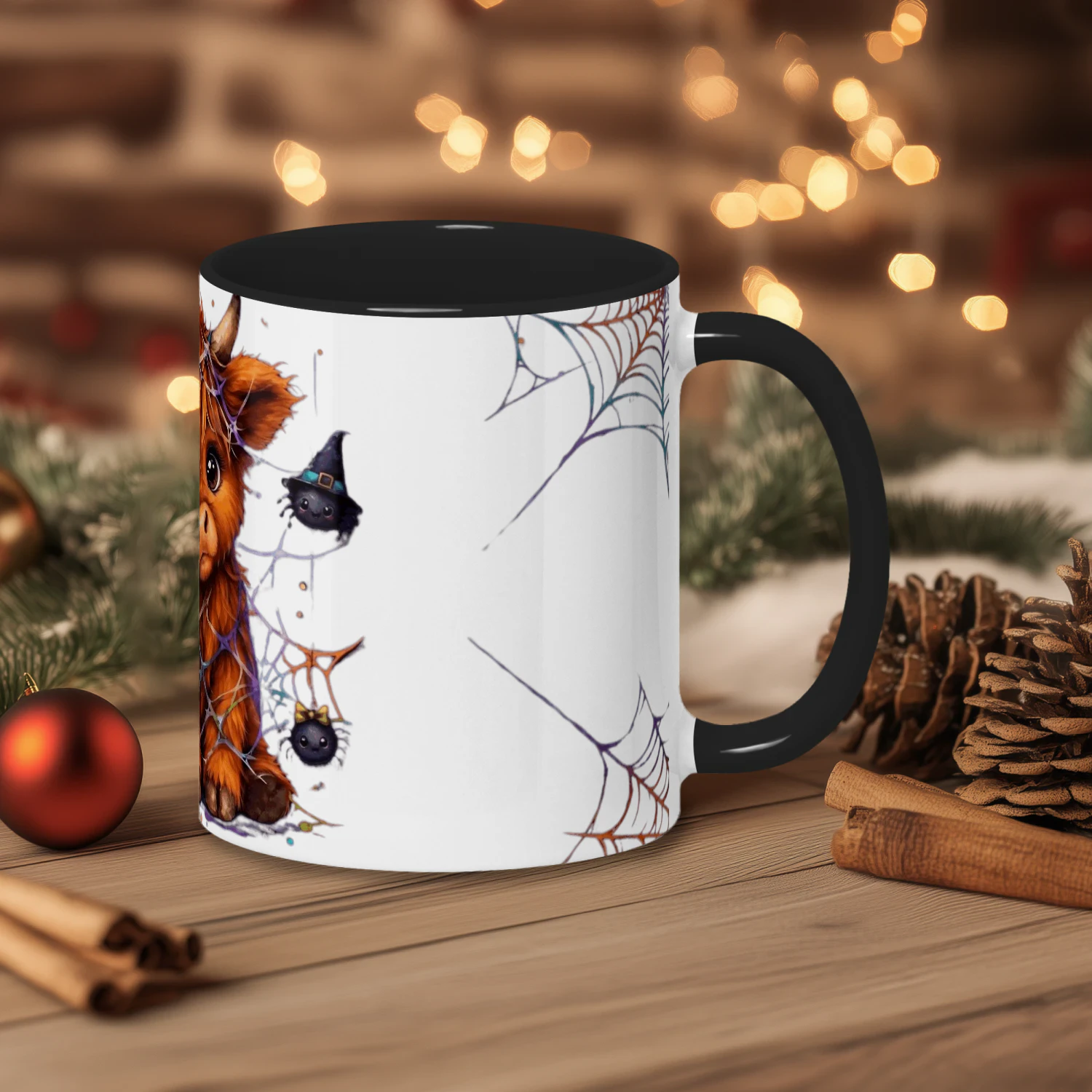 Highland Cow Halloween Mug, Cute Spider Web Cup