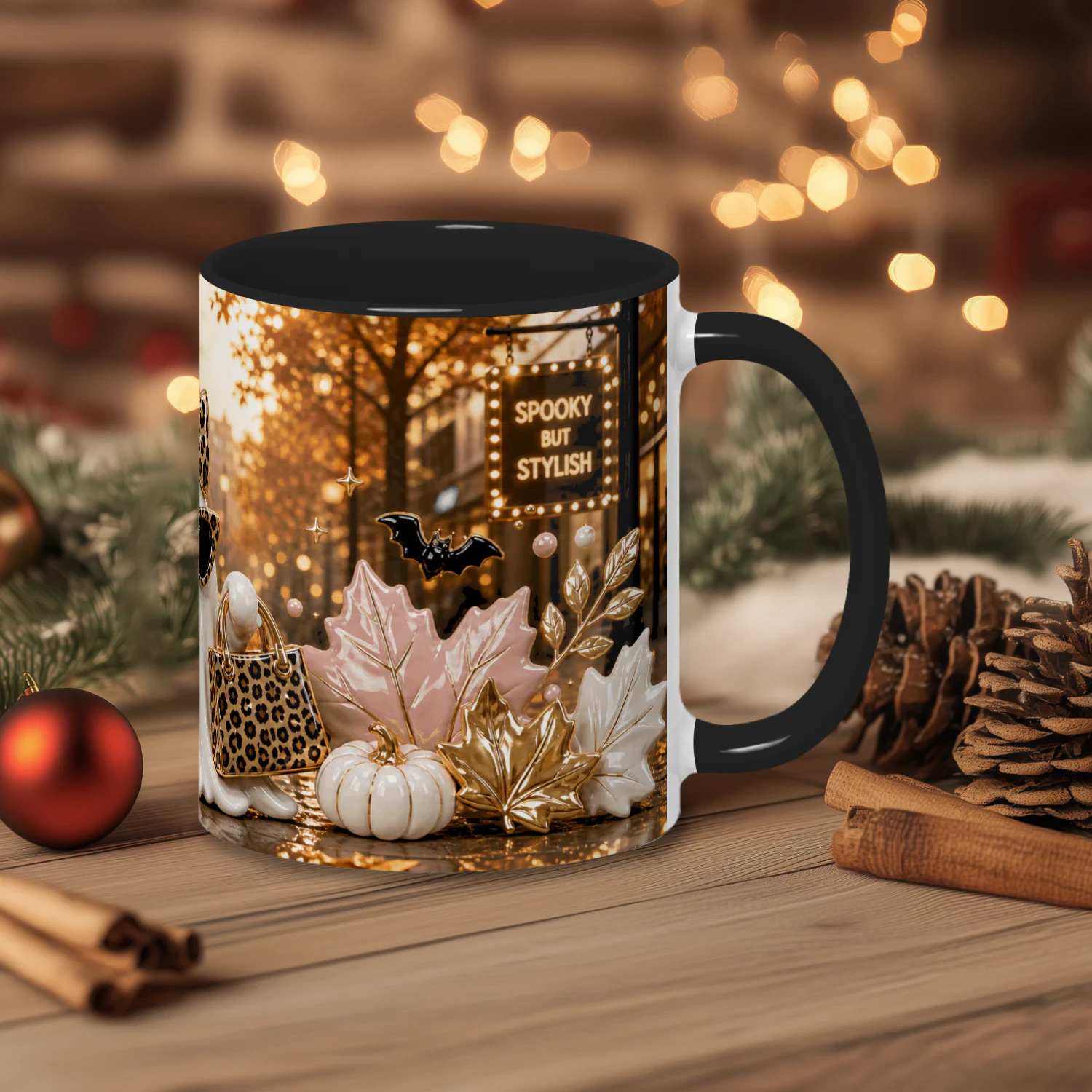 Spooky Chic Ghost Mug, Leopard Print Halloween Coffee Cup, Cute Fall Gift for Her, Glam Spooky Season Mug, Pink Cream Ceramic Mug