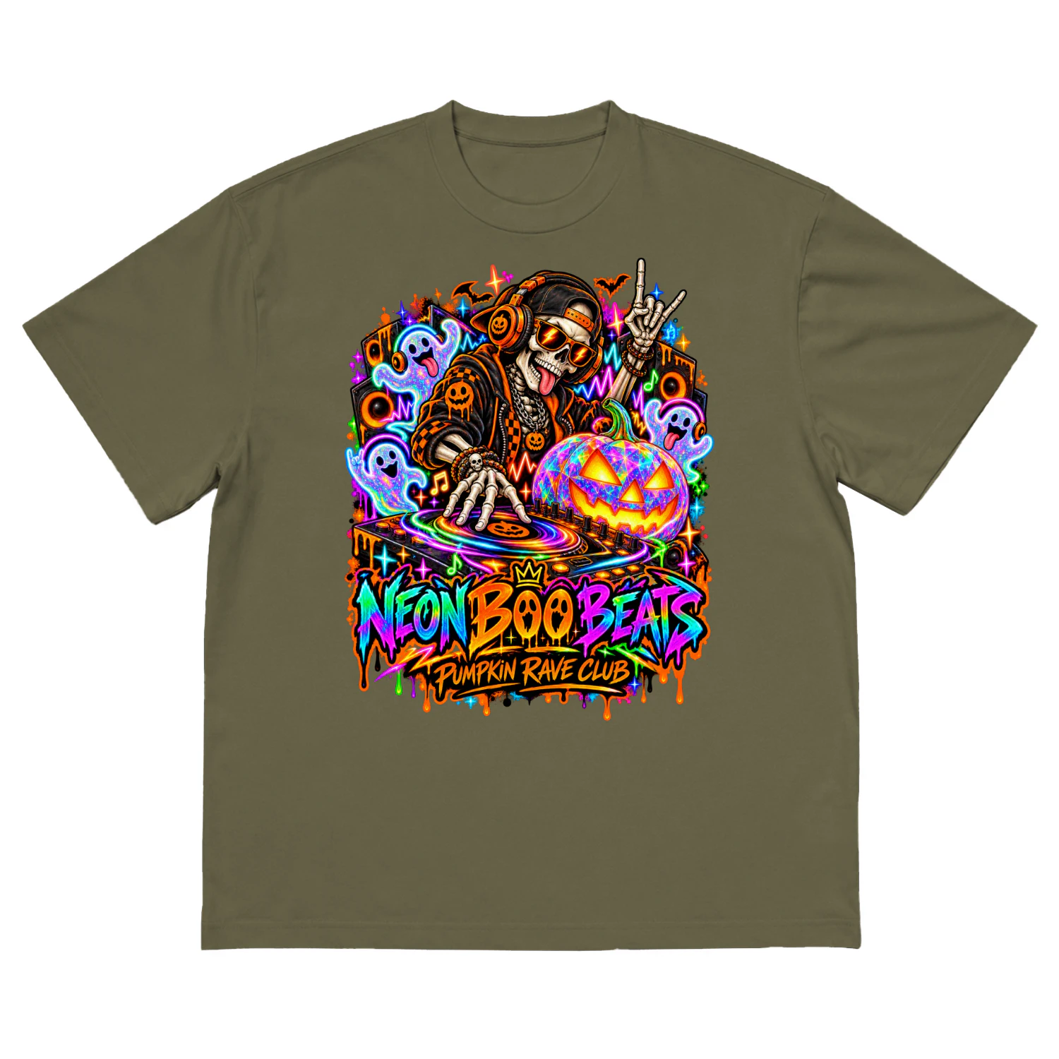 Neon Boo Beats Halloween Skeleton DJ T-Shirt, Pumpkin Rave Club Shirt, Spooky Music Festival Tee, Neon Ghost Party Graphic