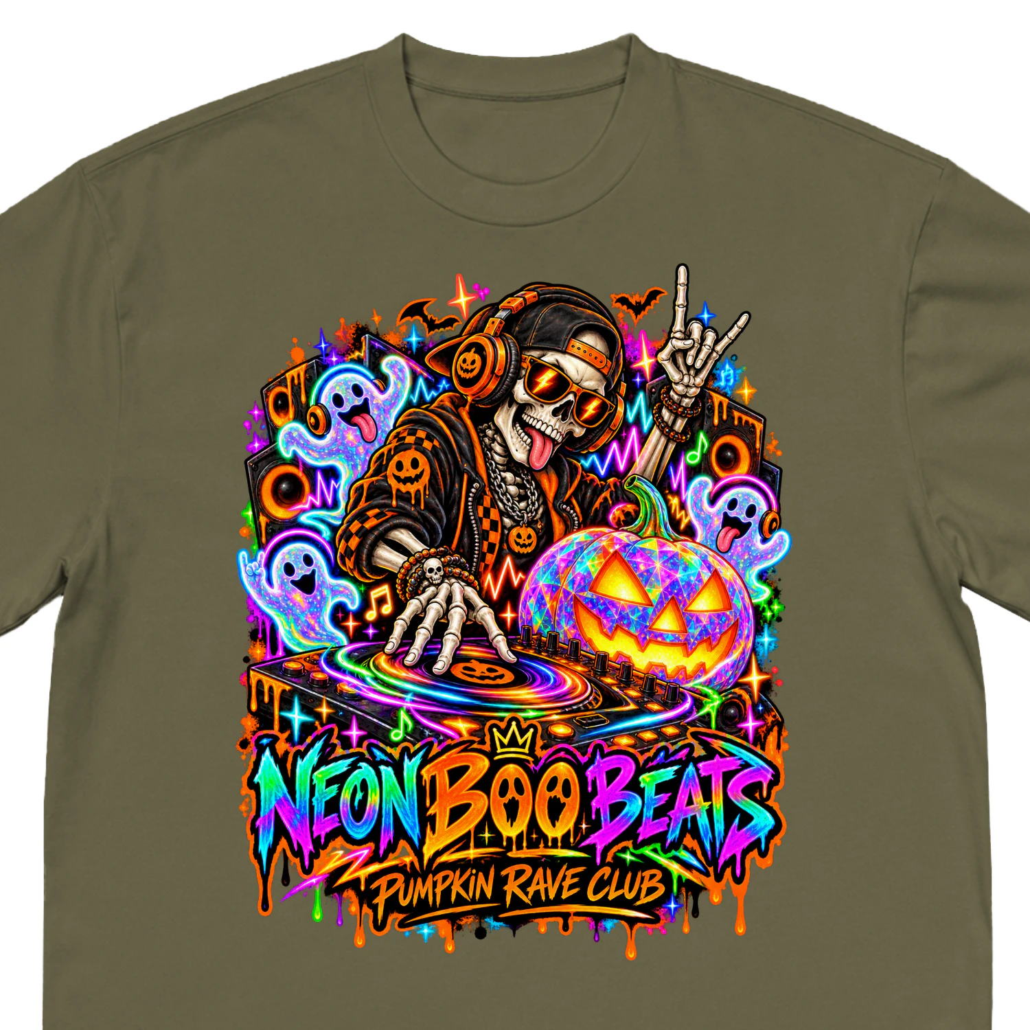 Neon Boo Beats Halloween Skeleton DJ T-Shirt, Pumpkin Rave Club Shirt, Spooky Music Festival Tee, Neon Ghost Party Graphic