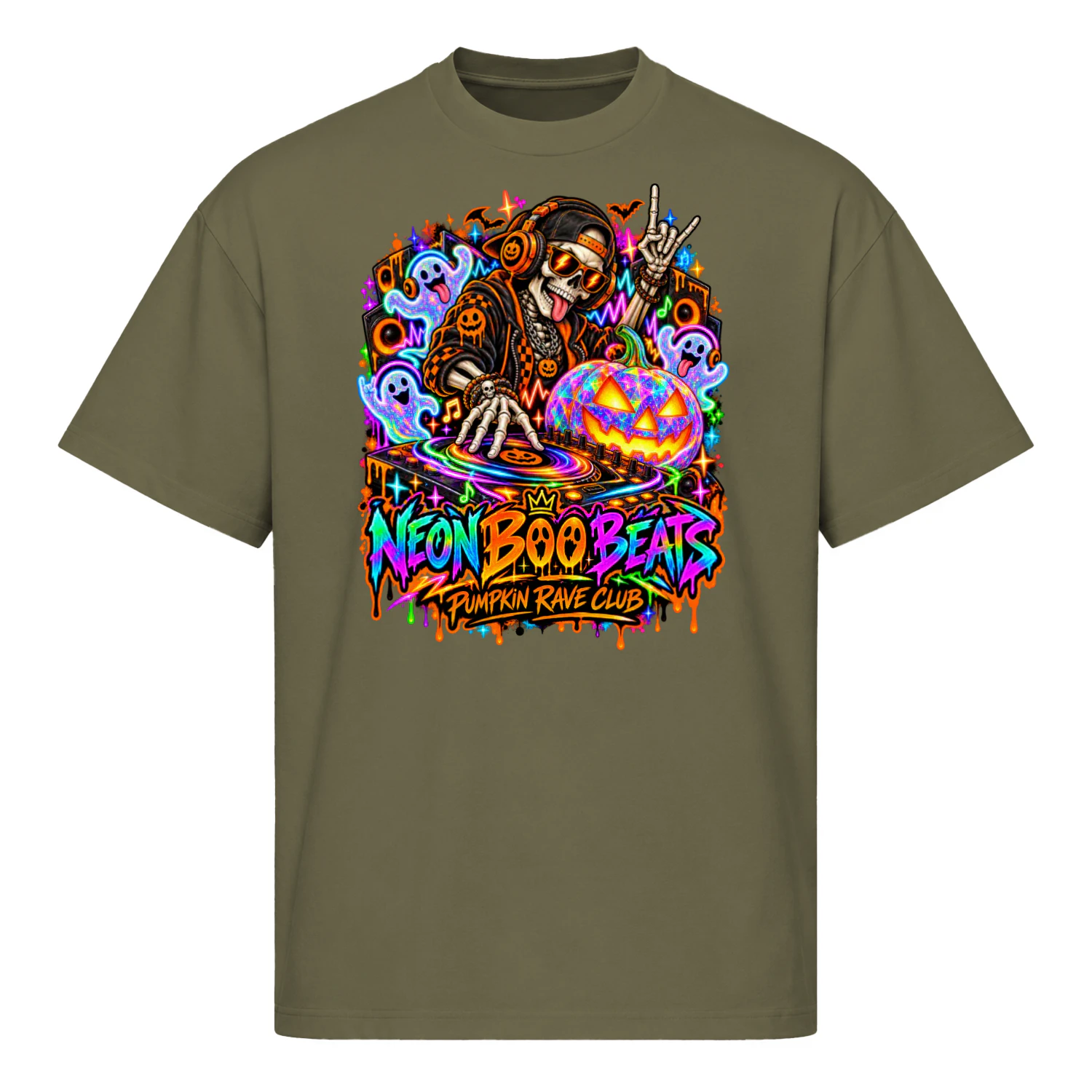 Neon Boo Beats Halloween Skeleton DJ T-Shirt, Pumpkin Rave Club Shirt, Spooky Music Festival Tee, Neon Ghost Party Graphic