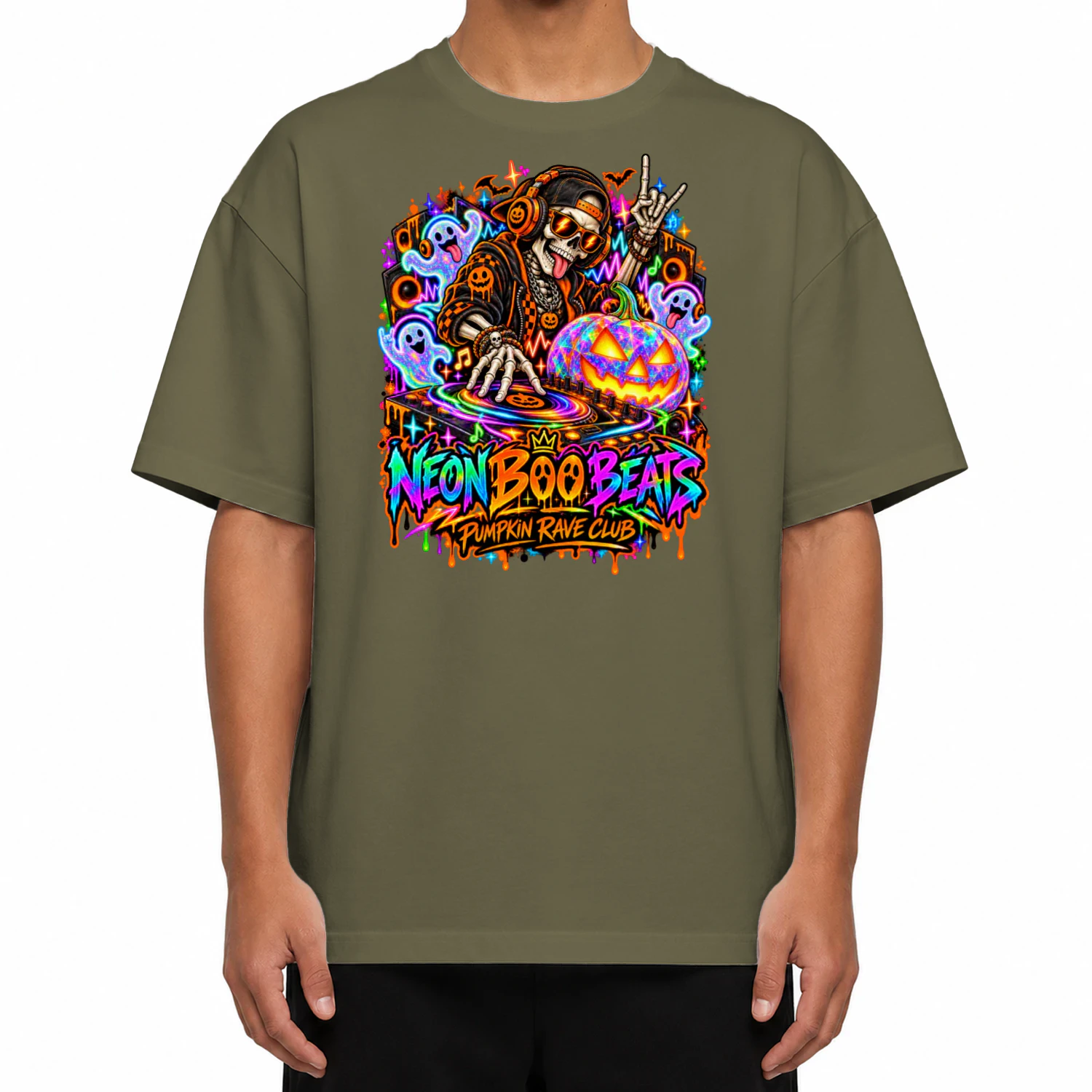 Neon Boo Beats Halloween Skeleton DJ T-Shirt, Pumpkin Rave Club Shirt, Spooky Music Festival Tee, Neon Ghost Party Graphic