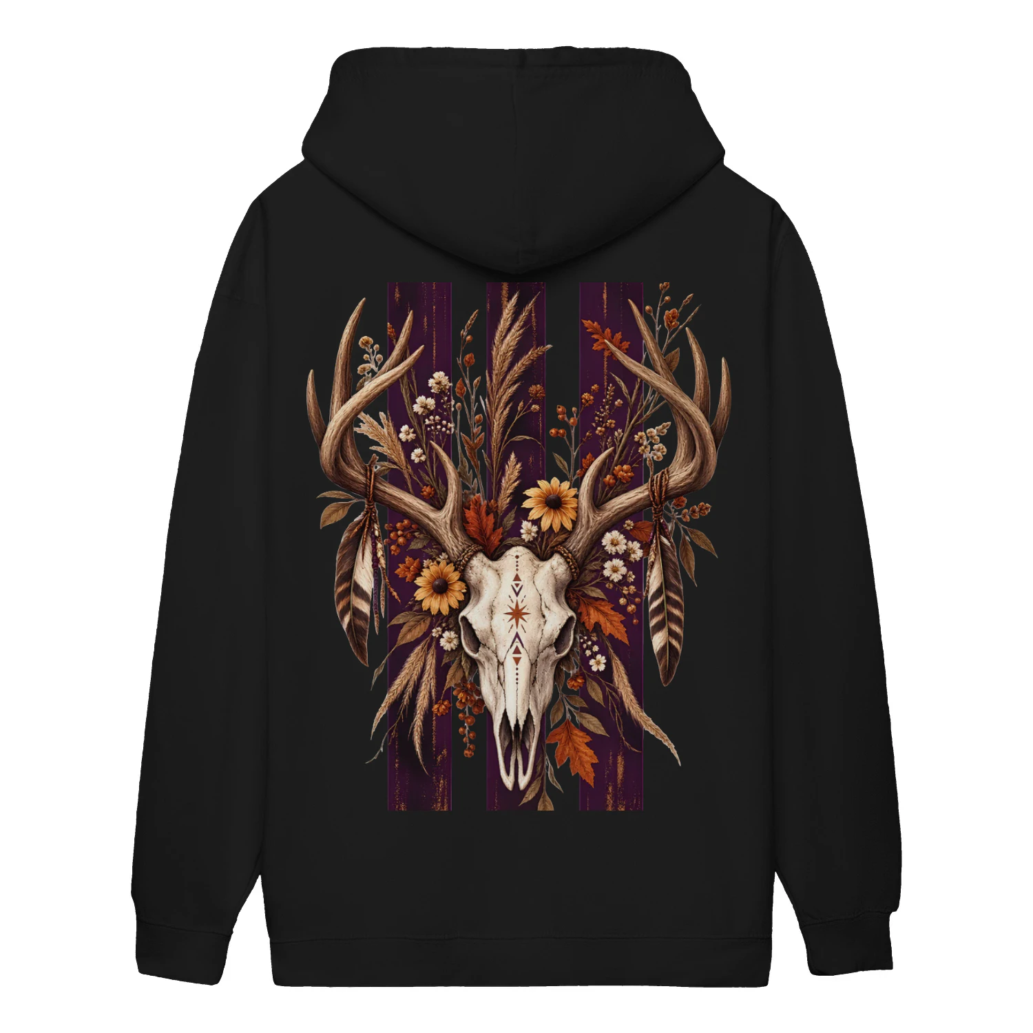 Boho Deer Skull Floral Hoodie – Western Antler Graphic Sweatshirt, Rustic Woodland Back Print, Autumn Nature Pullover