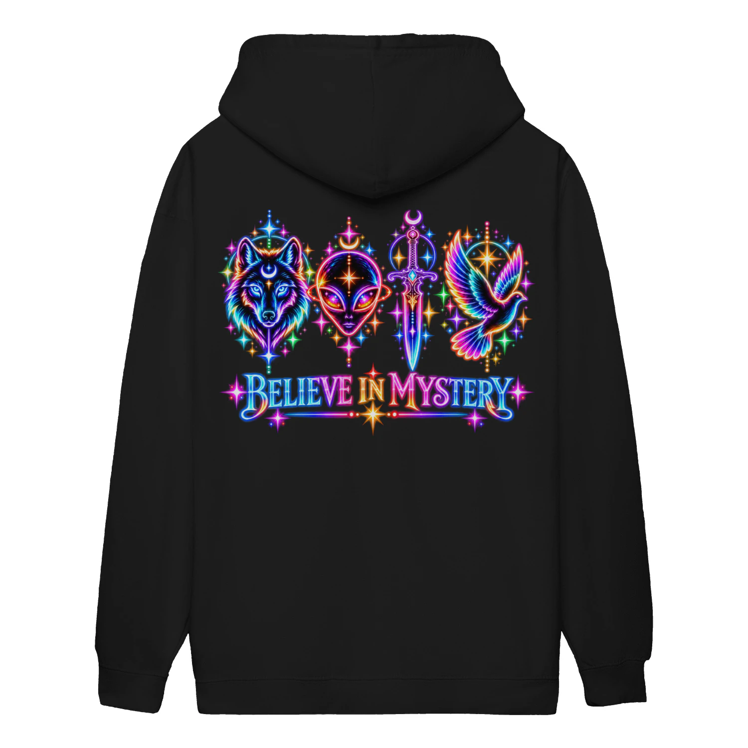 BELIEVE IN MYSTERY Neon Graphic T Shirt, Alien Wolf Dagger Dove Tee, Mystical Celestial Streetwear, Cosmic Gothic Shirt, Festival Gift