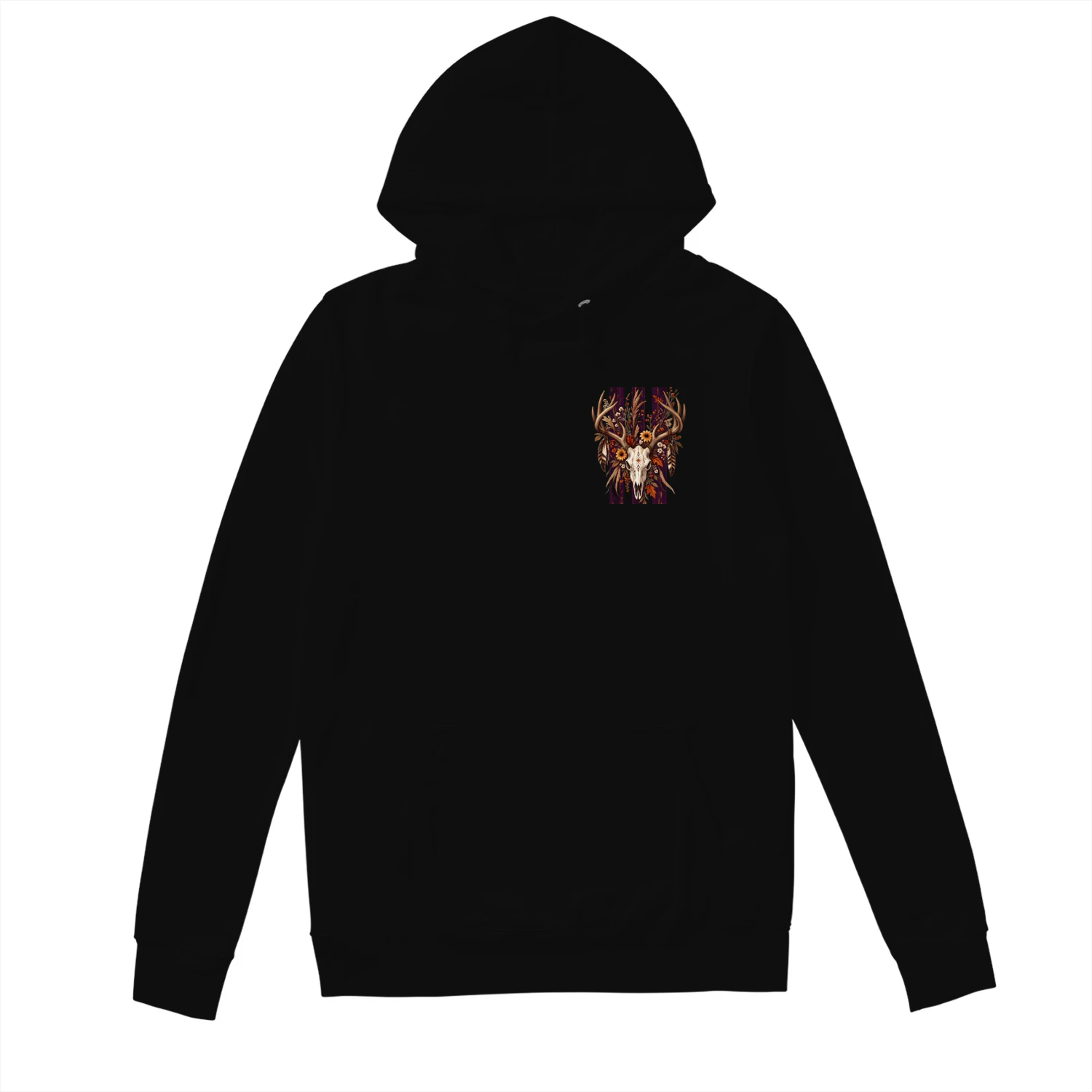 Boho Deer Skull Floral Hoodie – Western Antler Graphic Sweatshirt, Rustic Woodland Back Print, Autumn Nature Pullover