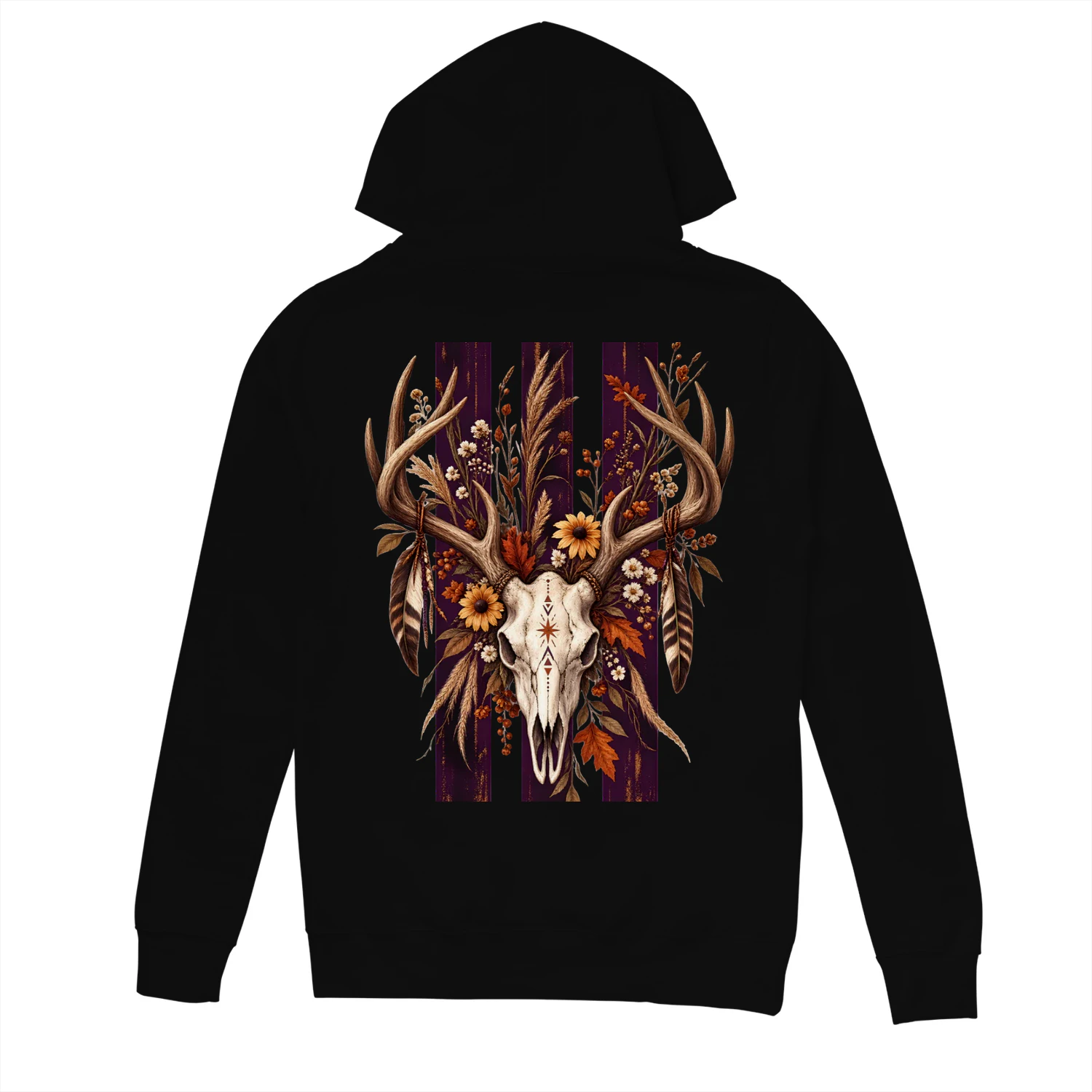 Boho Deer Skull Floral Hoodie – Western Antler Graphic Sweatshirt, Rustic Woodland Back Print, Autumn Nature Pullover