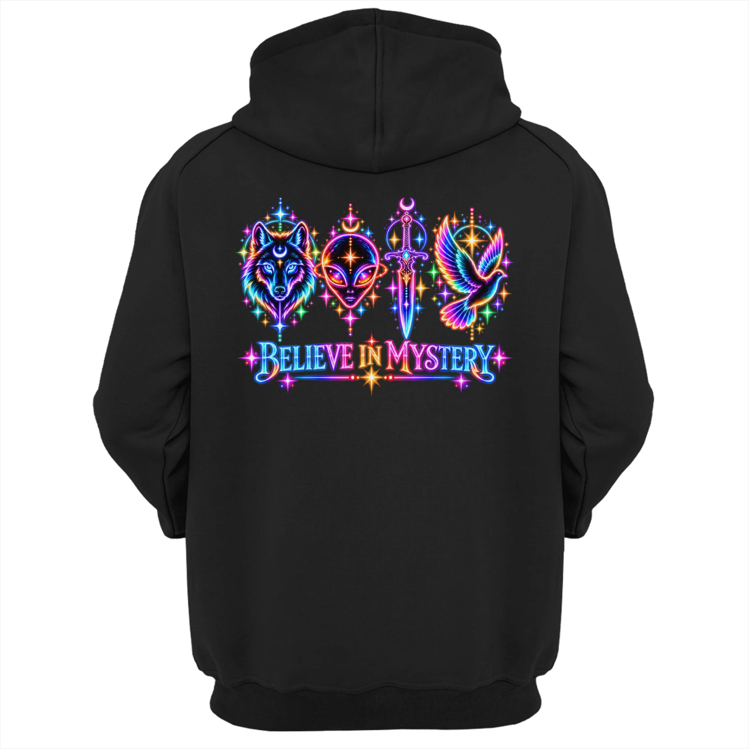 BELIEVE IN MYSTERY Neon Graphic T Shirt, Alien Wolf Dagger Dove Tee, Mystical Celestial Streetwear, Cosmic Gothic Shirt, Festival Gift