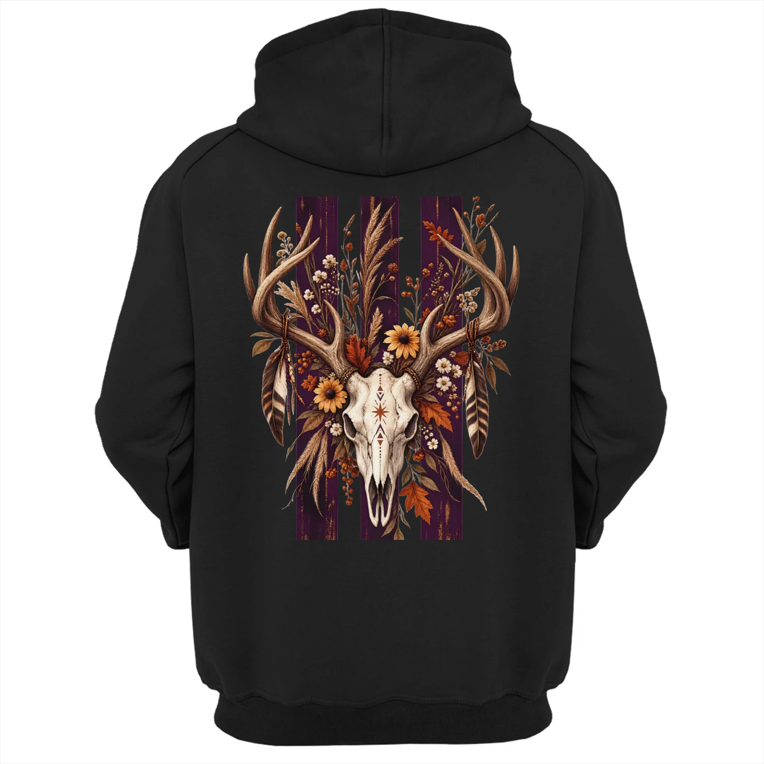 Boho Deer Skull Floral Hoodie – Western Antler Graphic Sweatshirt, Rustic Woodland Back Print, Autumn Nature Pullover