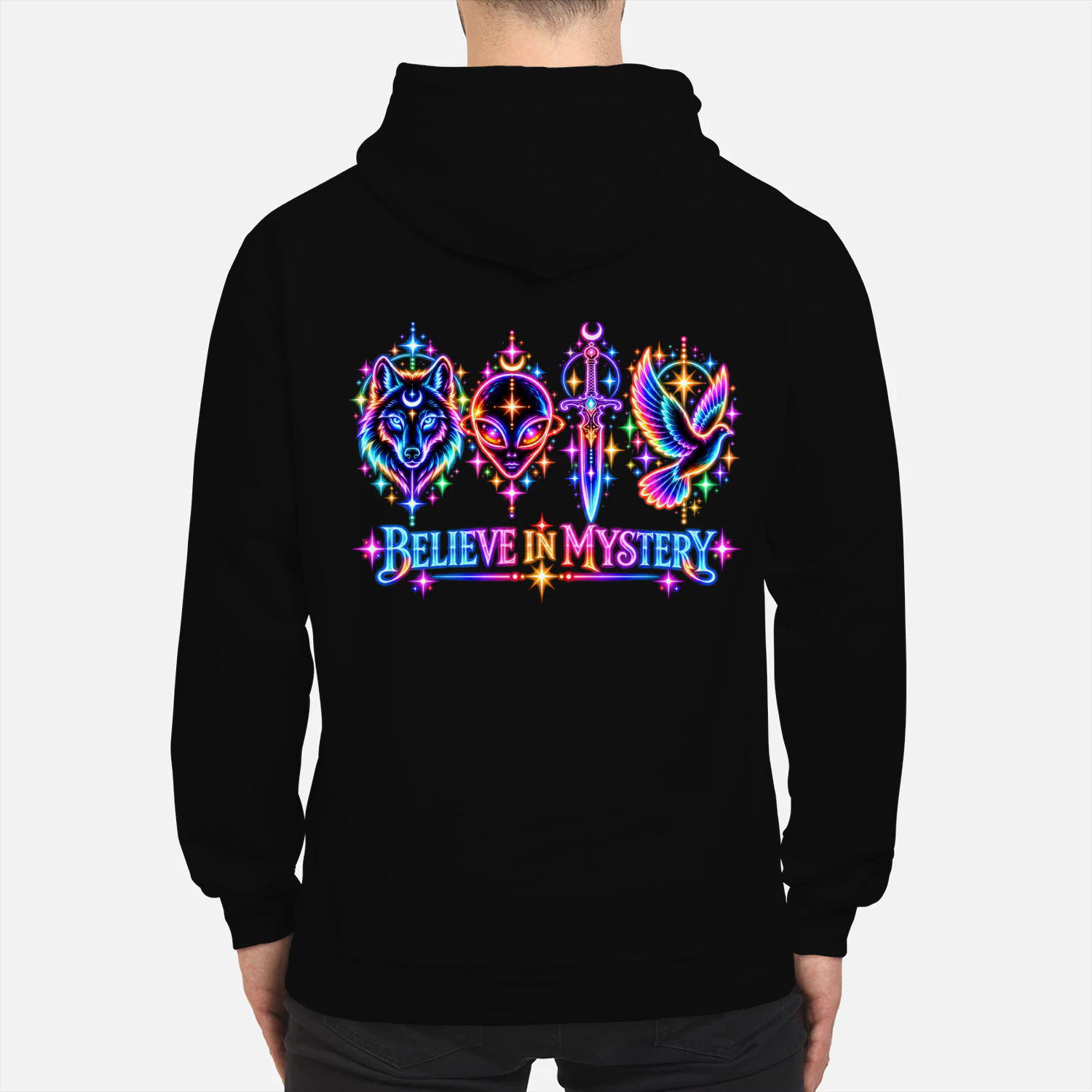 BELIEVE IN MYSTERY Neon Graphic T Shirt, Alien Wolf Dagger Dove Tee, Mystical Celestial Streetwear, Cosmic Gothic Shirt, Festival Gift