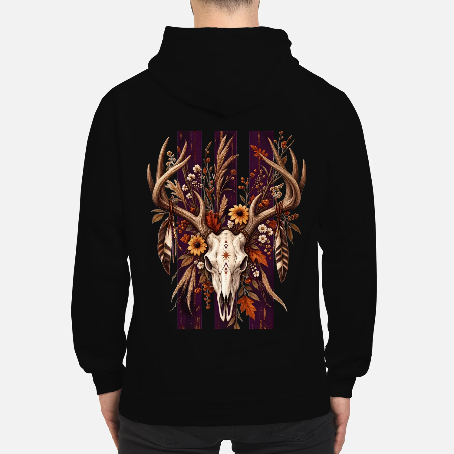 Boho Deer Skull Floral Hoodie – Western Antler Graphic Sweatshirt, Rustic Woodland Back Print, Autumn Nature Pullover