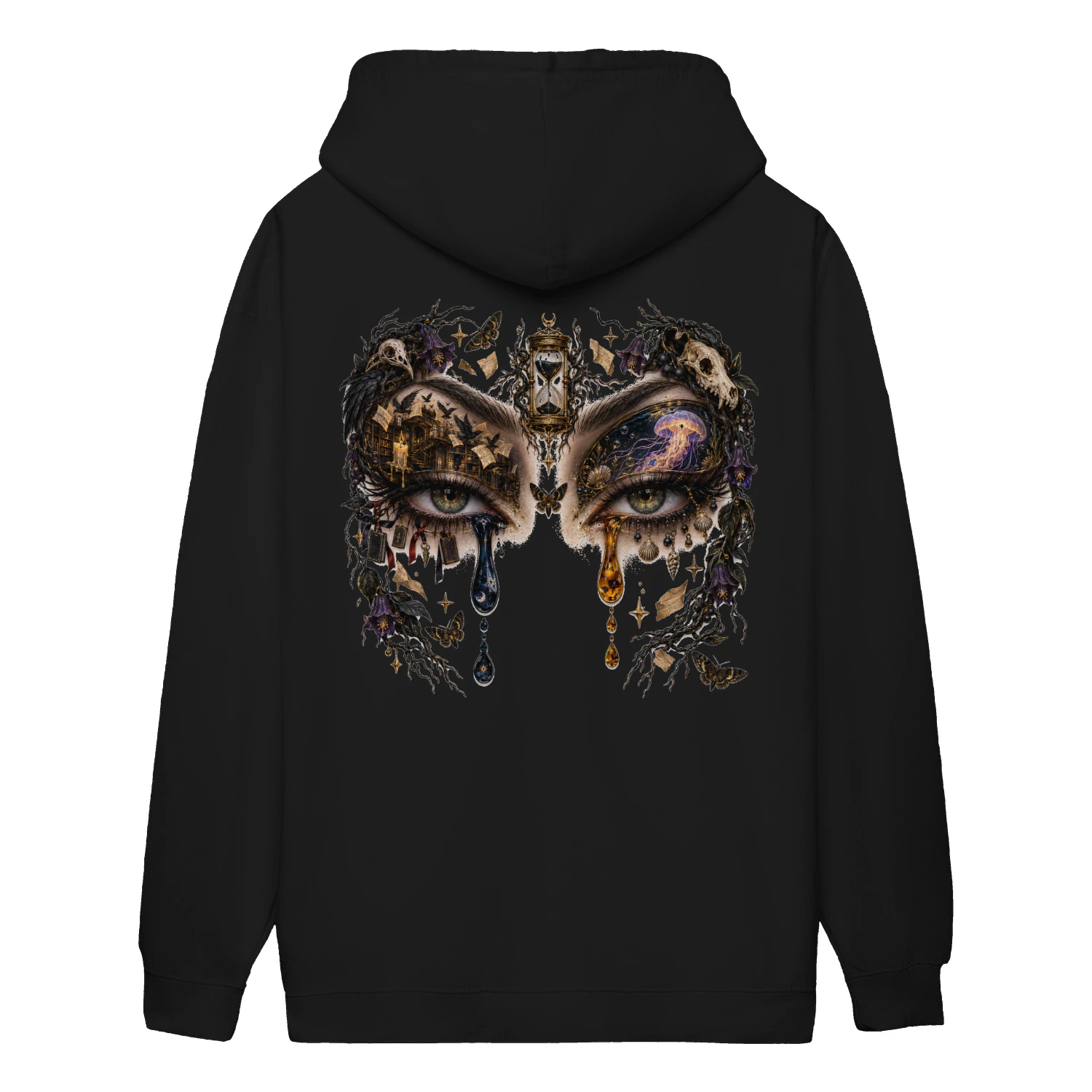 Mystic Eyes Dark Fantasy Shirt, Gothic Celestial Eye Tee, Surreal Library & Jellyfish Graphic T-Shirt, Witchy Botanical Art Top