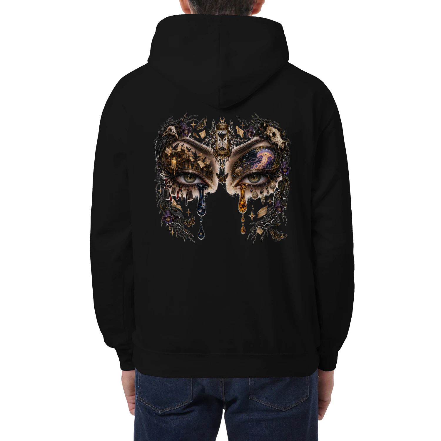 Mystic Eyes Dark Fantasy Shirt, Gothic Celestial Eye Tee, Surreal Library & Jellyfish Graphic T-Shirt, Witchy Botanical Art Top
