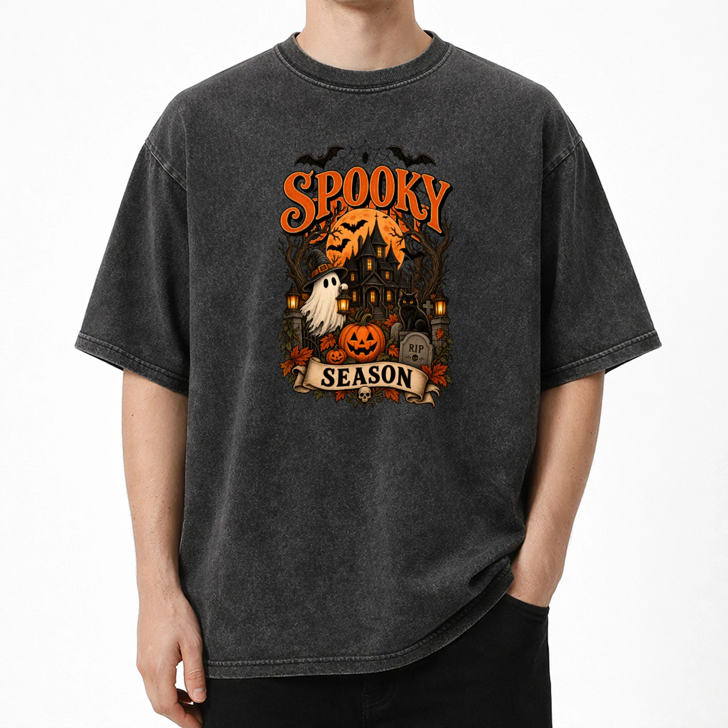 Spooky Season Halloween Shirt – Haunted House Ghost Black Cat Pumpkin Tee
