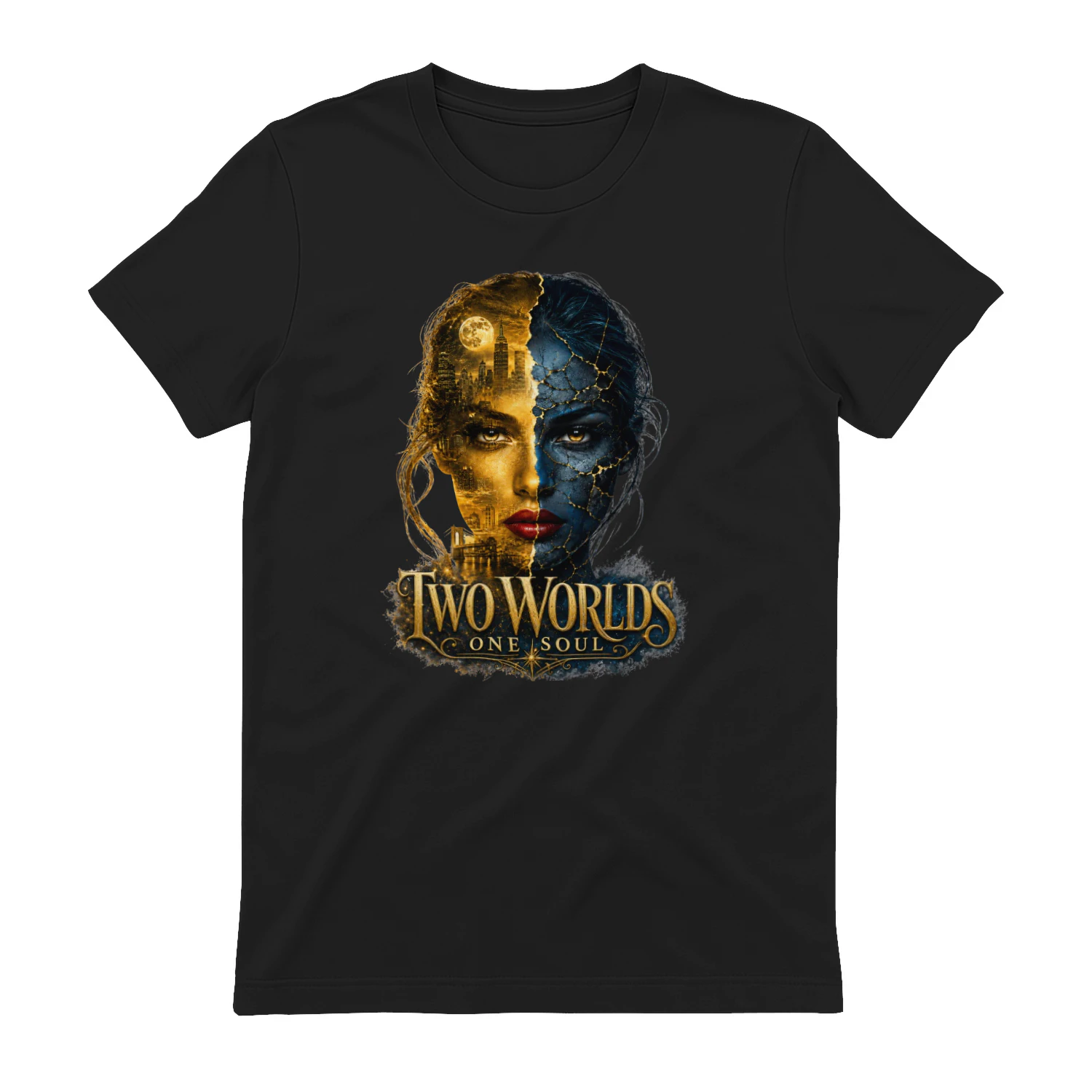 Two Worlds One Soul Shirt, Surreal Woman Face Tee, Dark Fantasy Graphic T-Shirt, Gold Blue Duality Art, Soulmate Gift