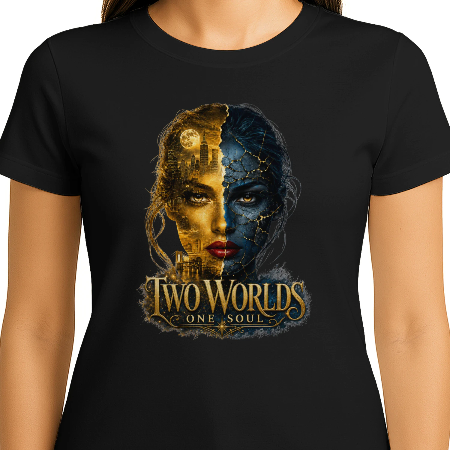 Two Worlds One Soul Shirt, Surreal Woman Face Tee, Dark Fantasy Graphic T-Shirt, Gold Blue Duality Art, Soulmate Gift