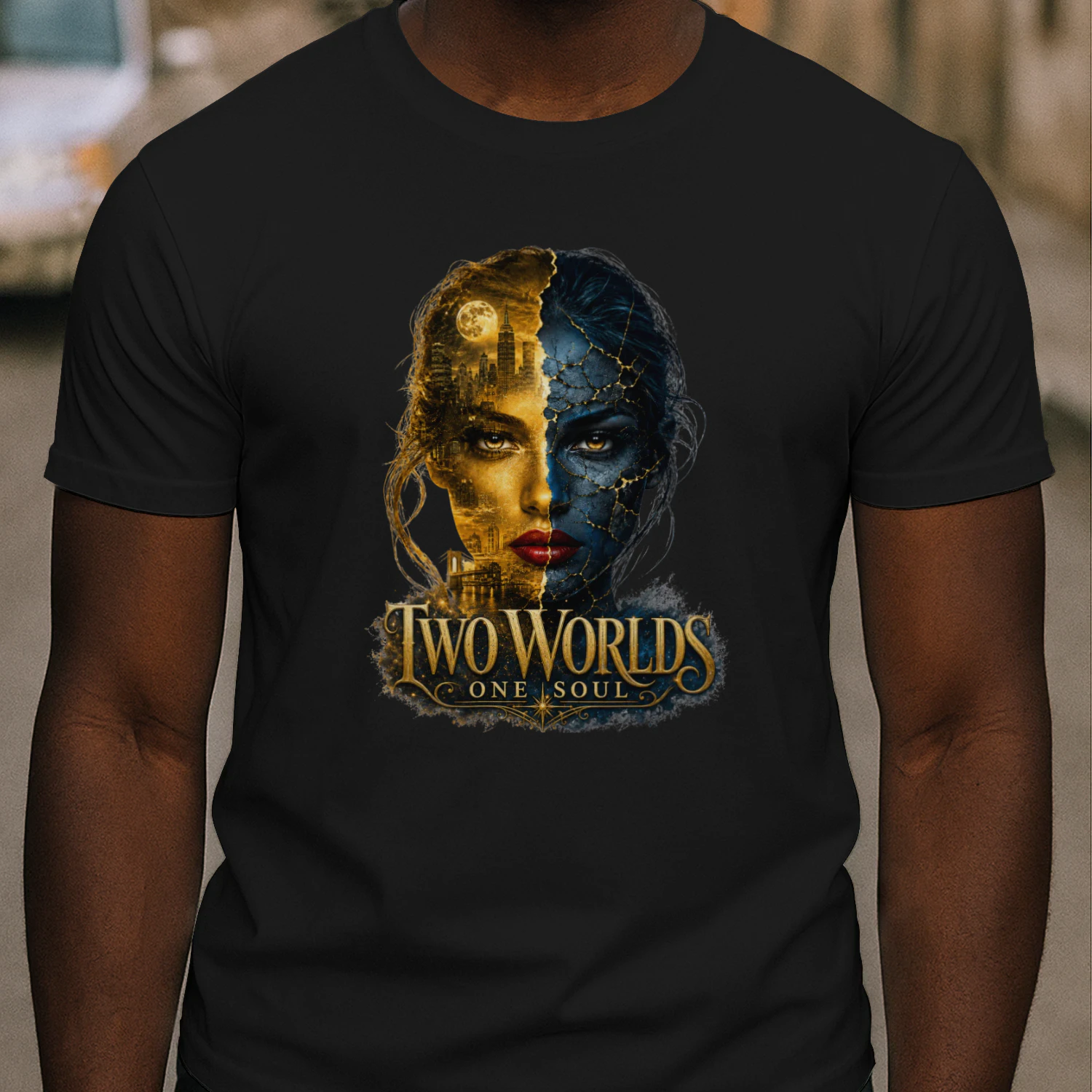 Two Worlds One Soul Shirt, Surreal Woman Face Tee, Dark Fantasy Graphic T-Shirt, Gold Blue Duality Art, Soulmate Gift