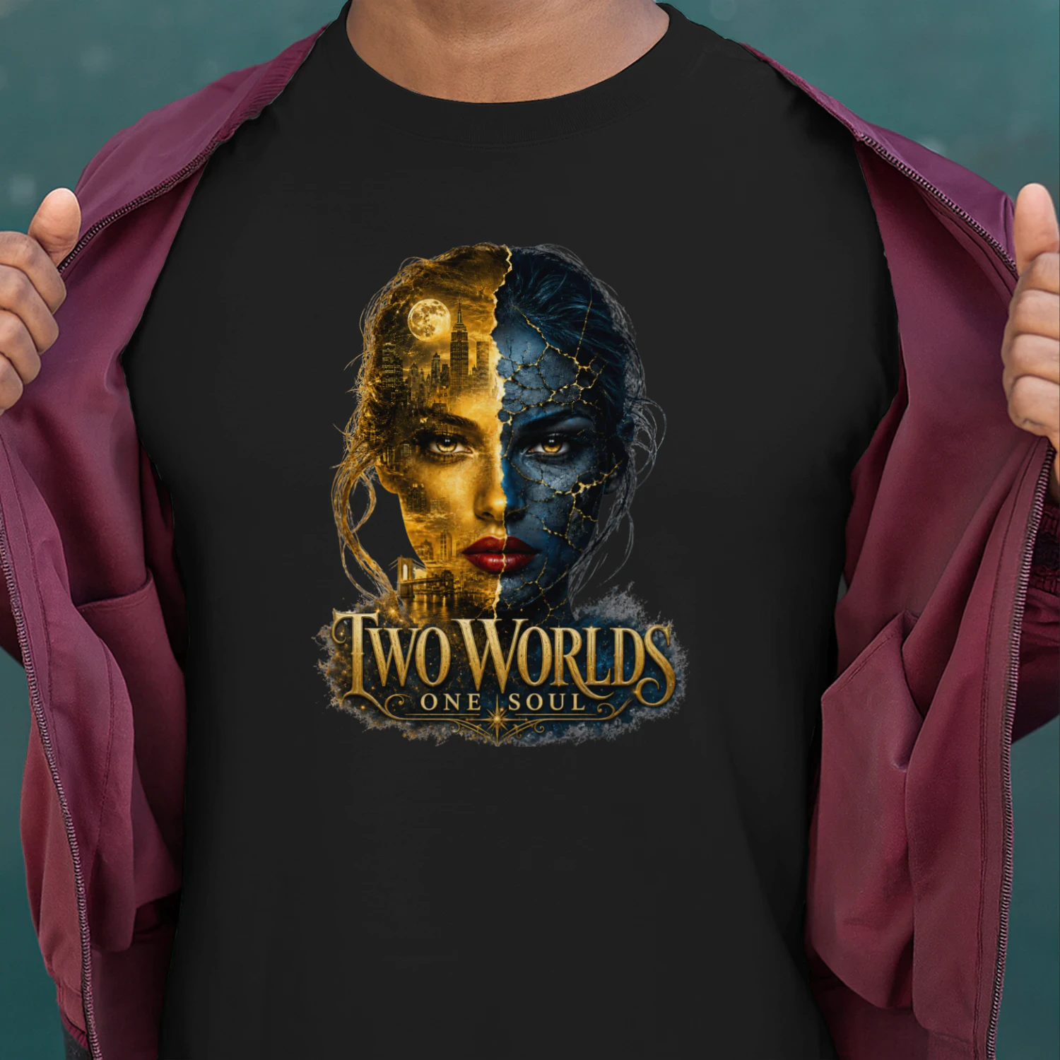 Two Worlds One Soul Shirt, Surreal Woman Face Tee, Dark Fantasy Graphic T-Shirt, Gold Blue Duality Art, Soulmate Gift