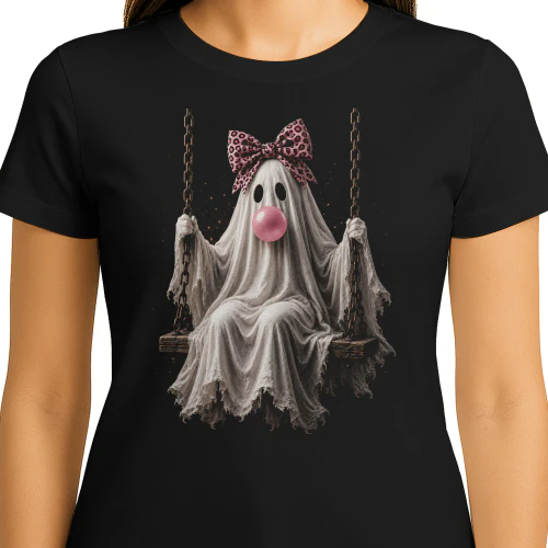 Ghost Swinging Pink Leopard Bow Bubblegum Halloween Girly Shirt