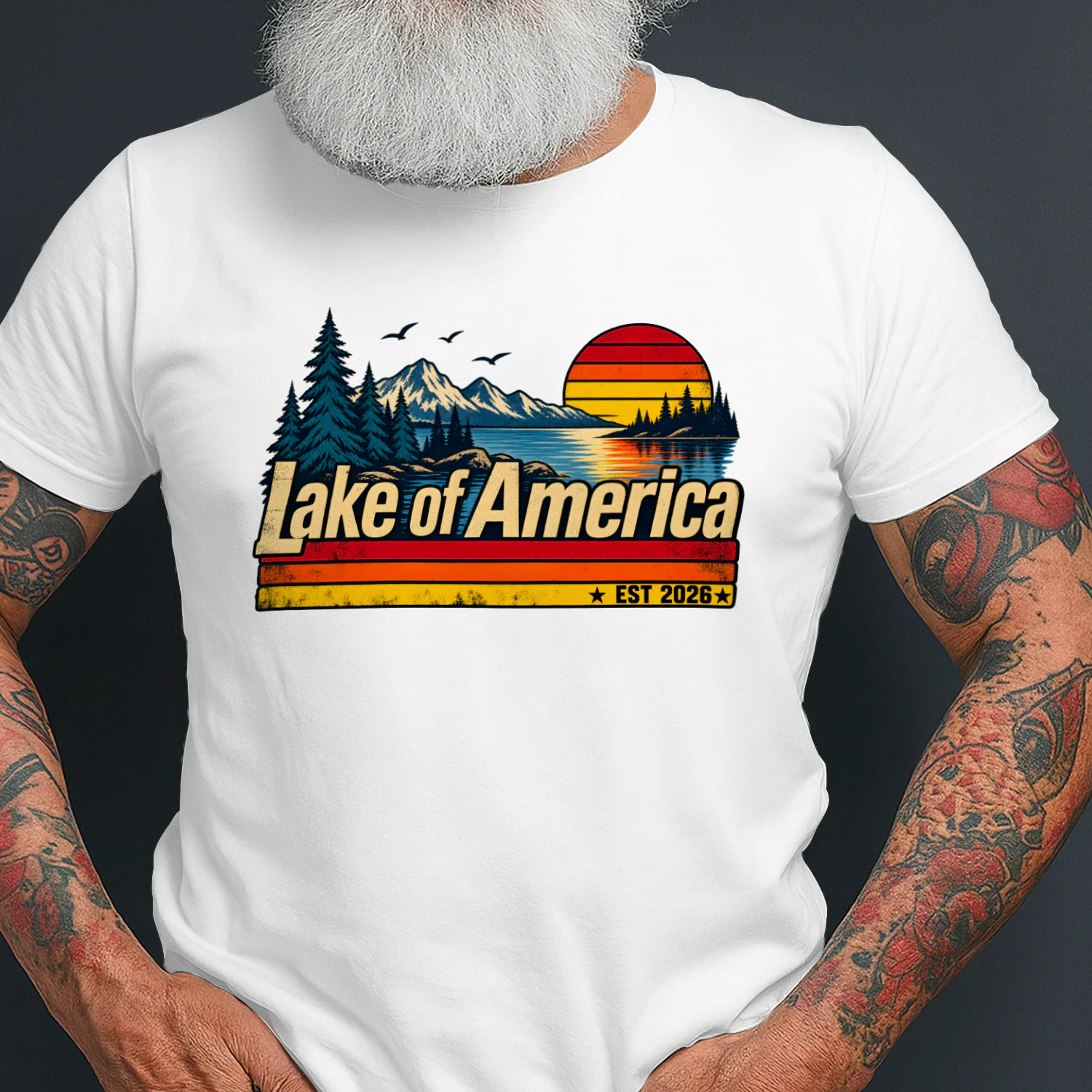 Lake of America Sunset Mountain – Vintage Outdoor Lake , Nature Lover Apparel, Camping & Adventure Gift