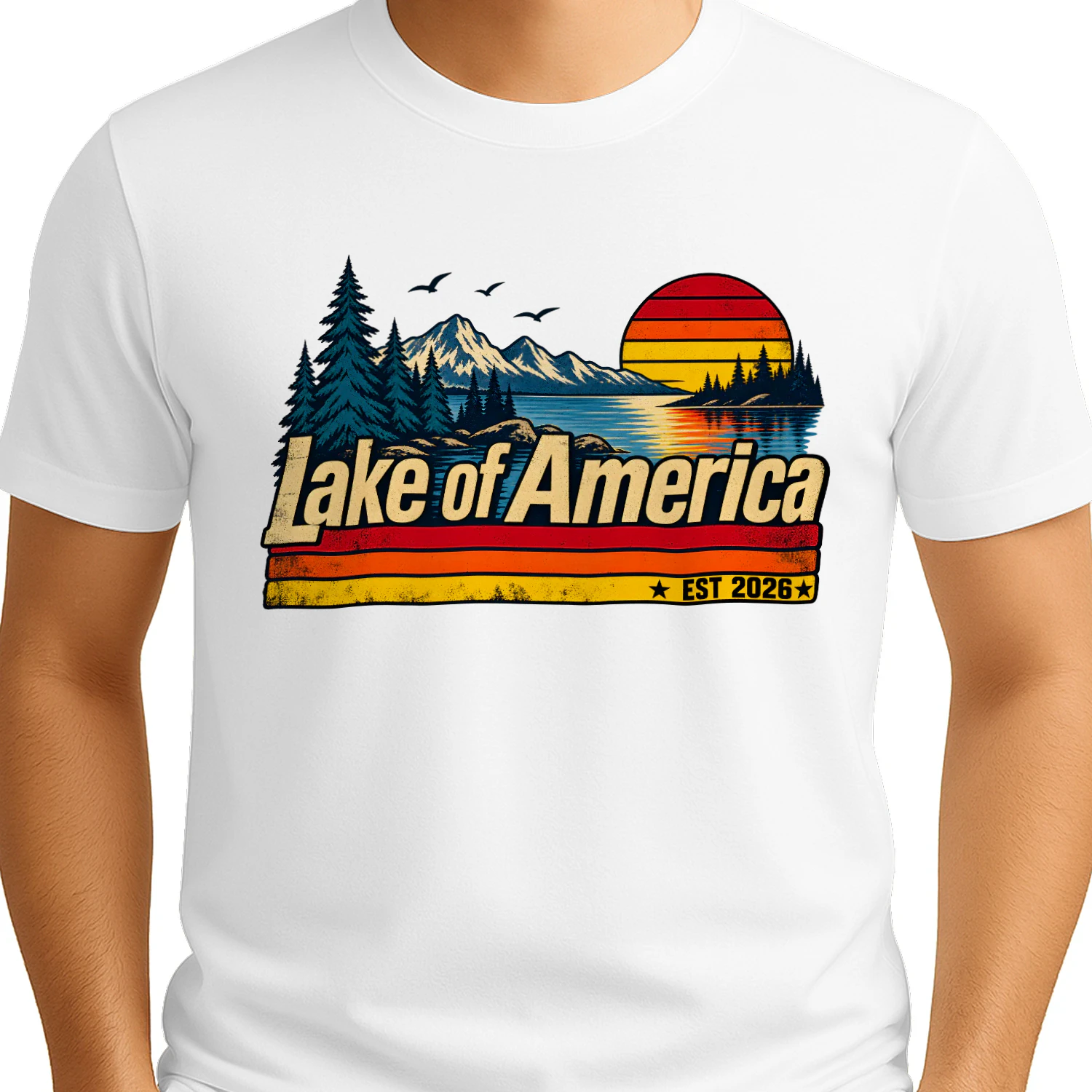 Lake of America Sunset Mountain – Vintage Outdoor Lake , Nature Lover Apparel, Camping & Adventure Gift