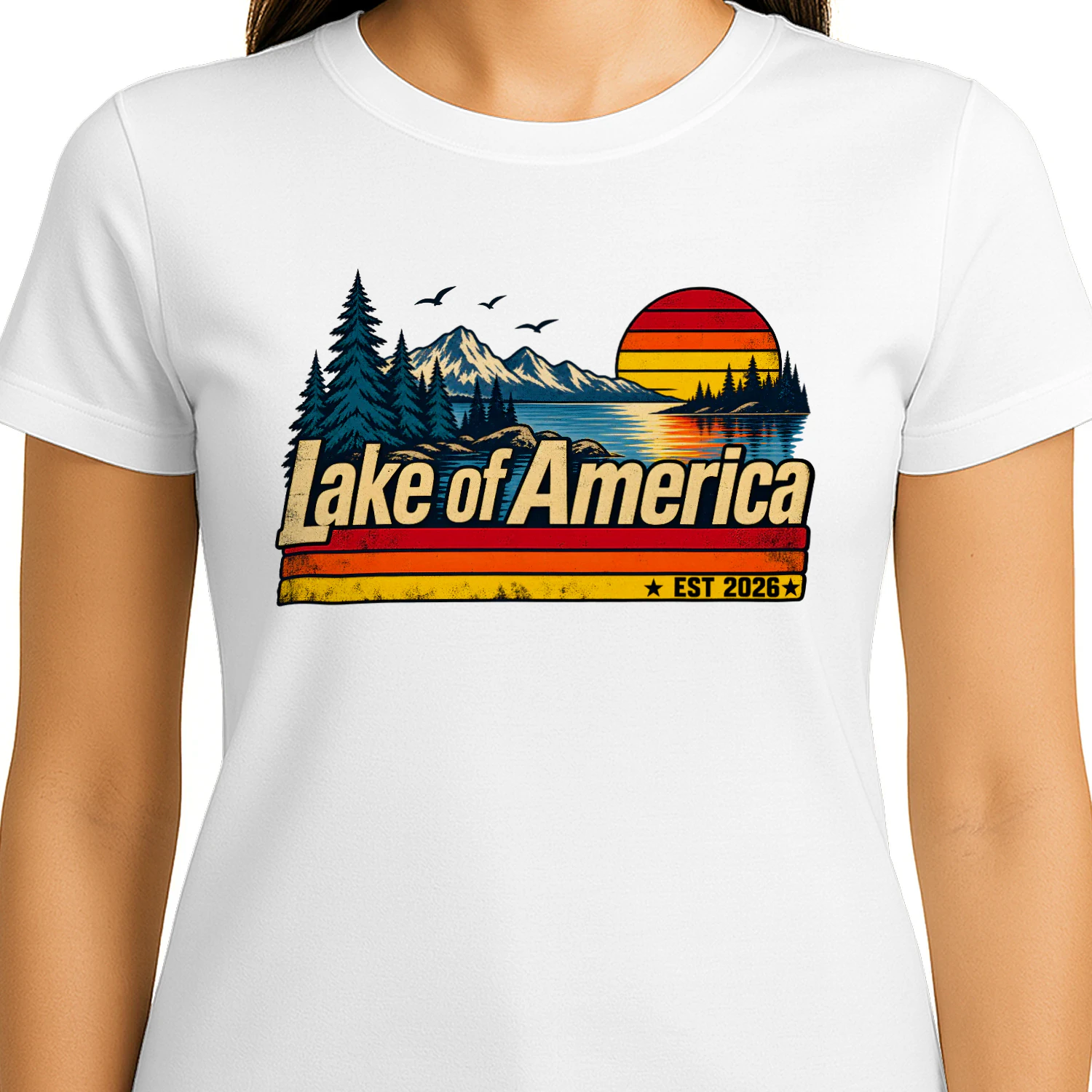 Lake of America Sunset Mountain – Vintage Outdoor Lake , Nature Lover Apparel, Camping & Adventure Gift
