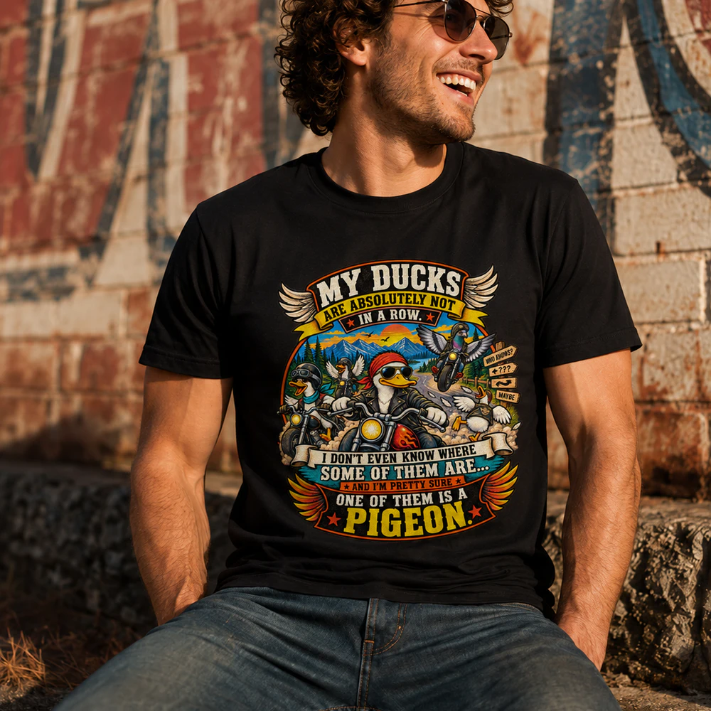 My Ducks Are Absolutely Not In A Row – Funny Biker Duck & Pigeon T-Shirt