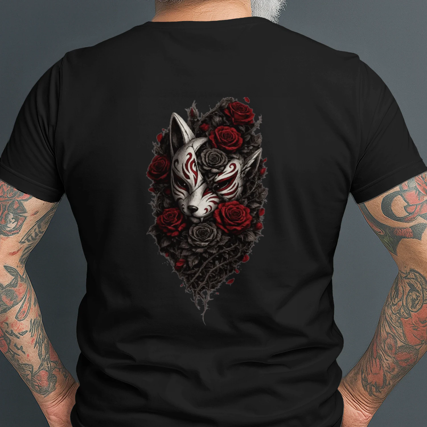 Crimson Kitsune Rose Oversized Gothic Japanese Streetwear T-Shirt