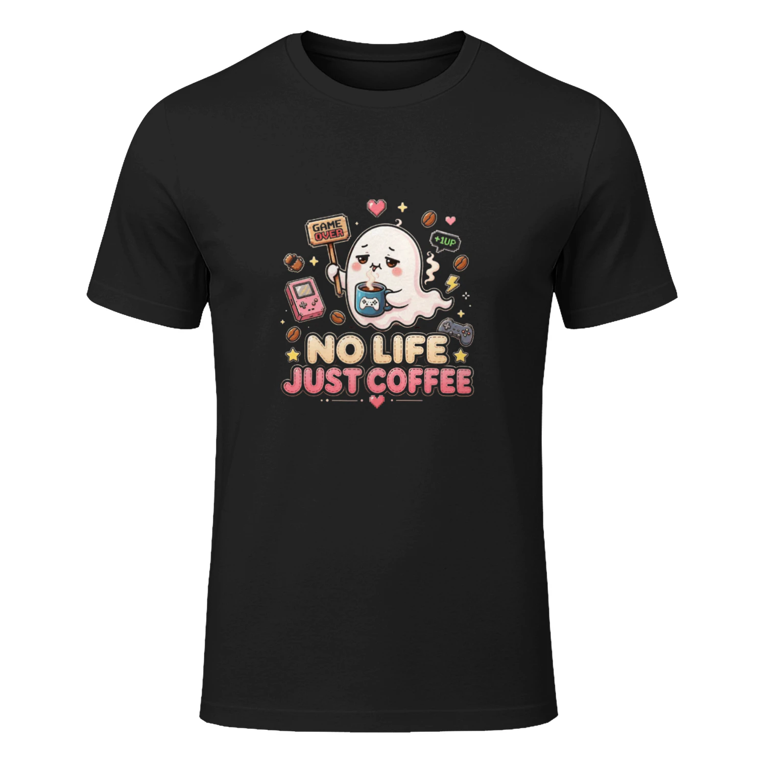 No Life Just Coffee Gamer Ghost T-Shirt | Kawaii Retro Gaming Graphic Tee