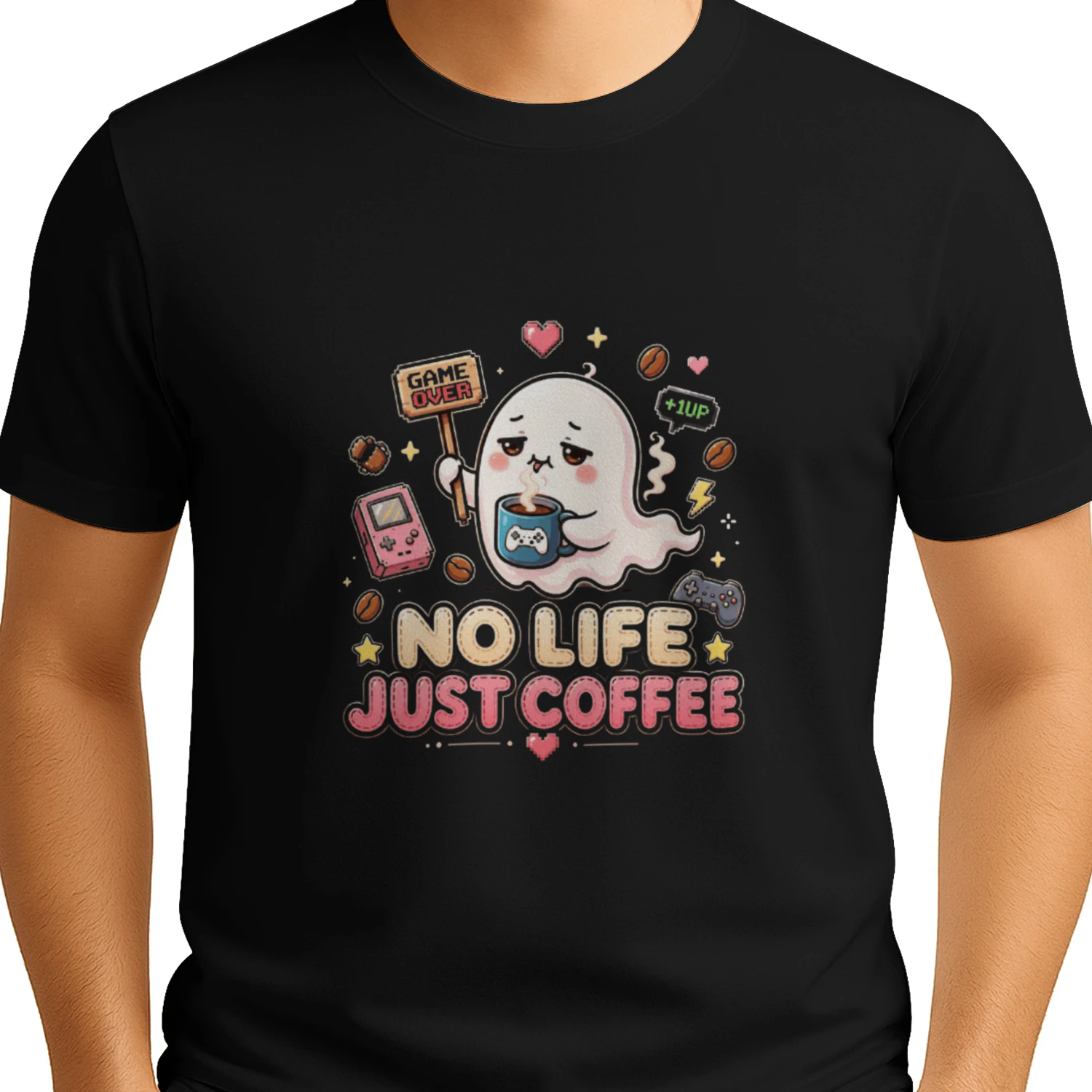No Life Just Coffee Gamer Ghost T-Shirt | Kawaii Retro Gaming Graphic Tee