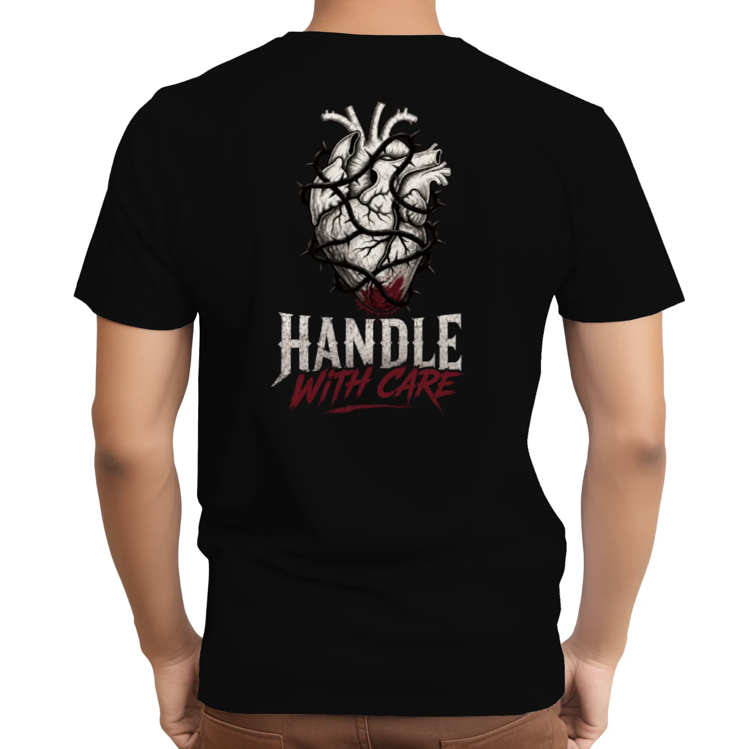 Handle With Care Gothic Heart T-Shirt – Dark Streetwear Graphic Tee, Emo Grunge Aesthetic Unisex Shirt