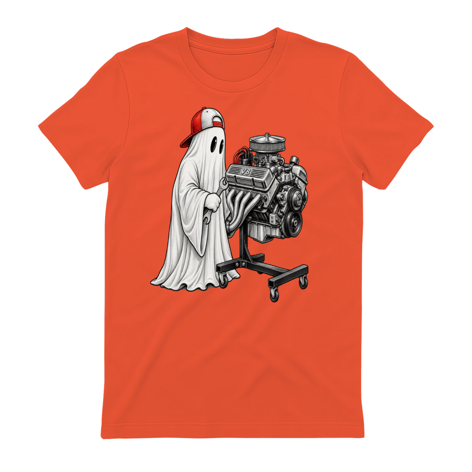 Funny Halloween Ghost Mechanic Wrenching On Engine Auto Shop