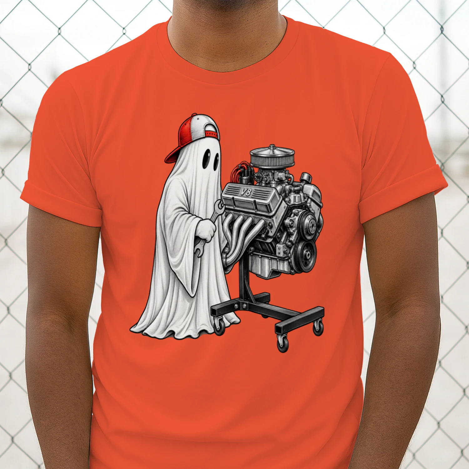 Funny Halloween Ghost Mechanic Wrenching On Engine Auto Shop