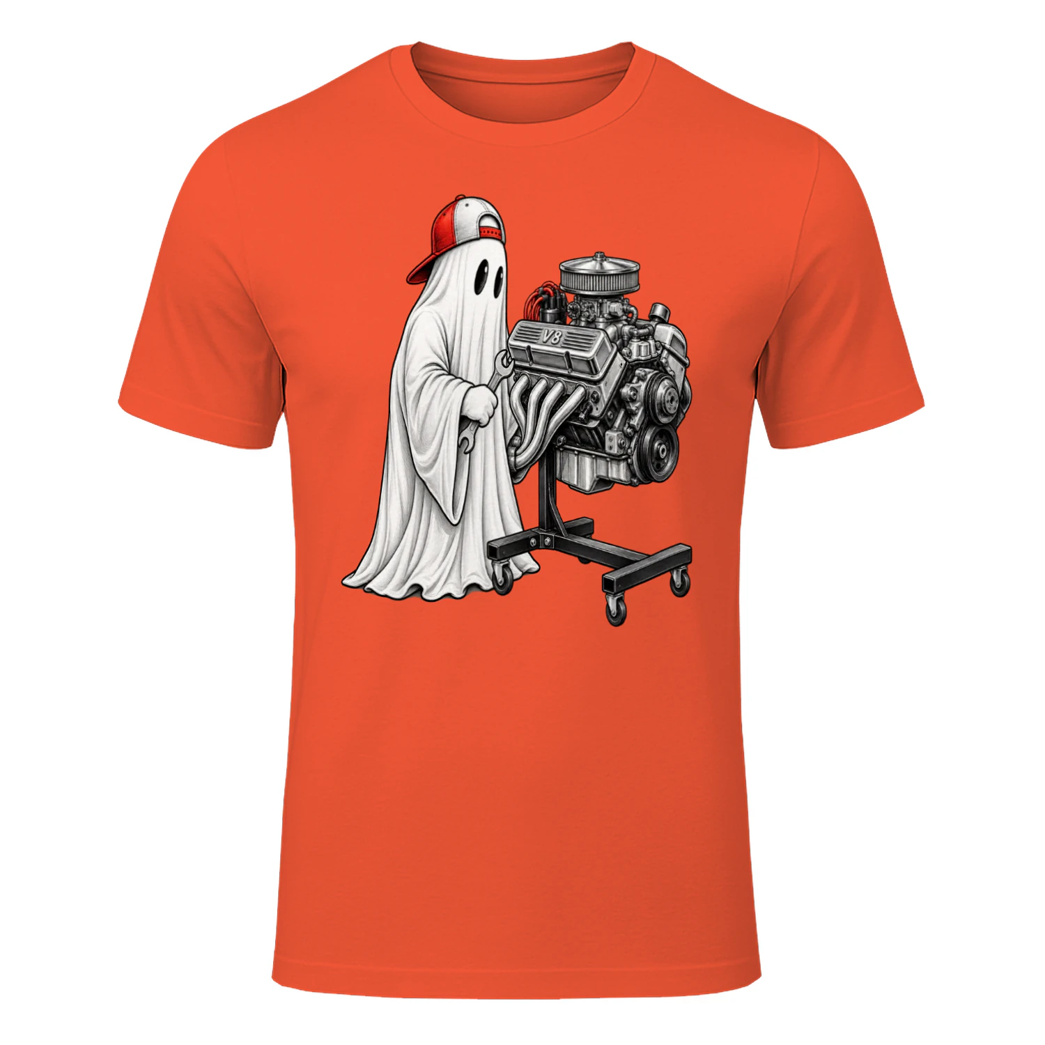 Funny Halloween Ghost Mechanic Wrenching On Engine Auto Shop