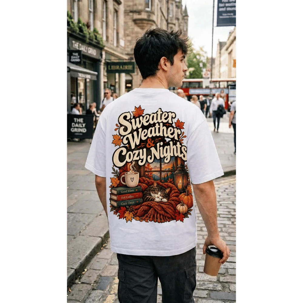 Sweater Weather & Cozy Nights T-Shirt Design – Cute Fall Cat, Coffee, Pumpkin & Autumn Vibes