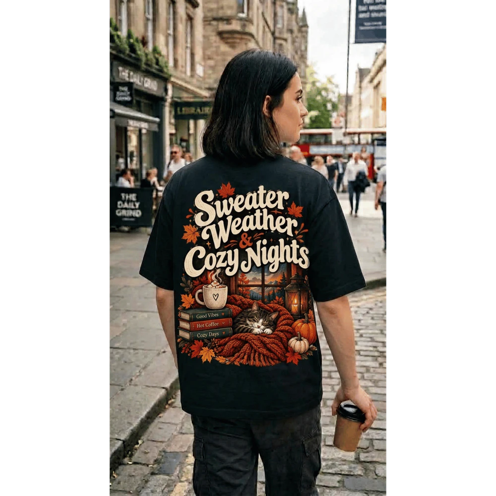 Sweater Weather & Cozy Nights T-Shirt Design – Cute Fall Cat, Coffee, Pumpkin & Autumn Vibes