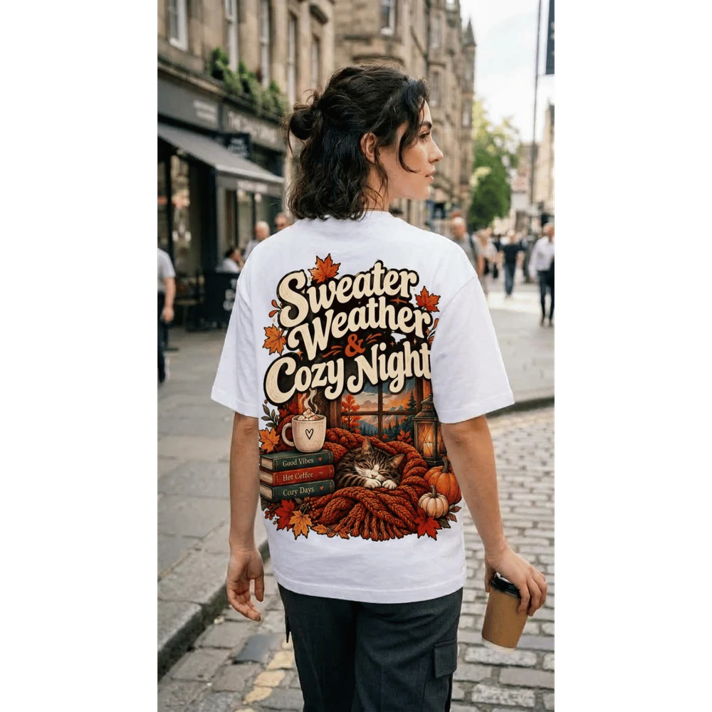 Sweater Weather & Cozy Nights T-Shirt Design – Cute Fall Cat, Coffee, Pumpkin & Autumn Vibes