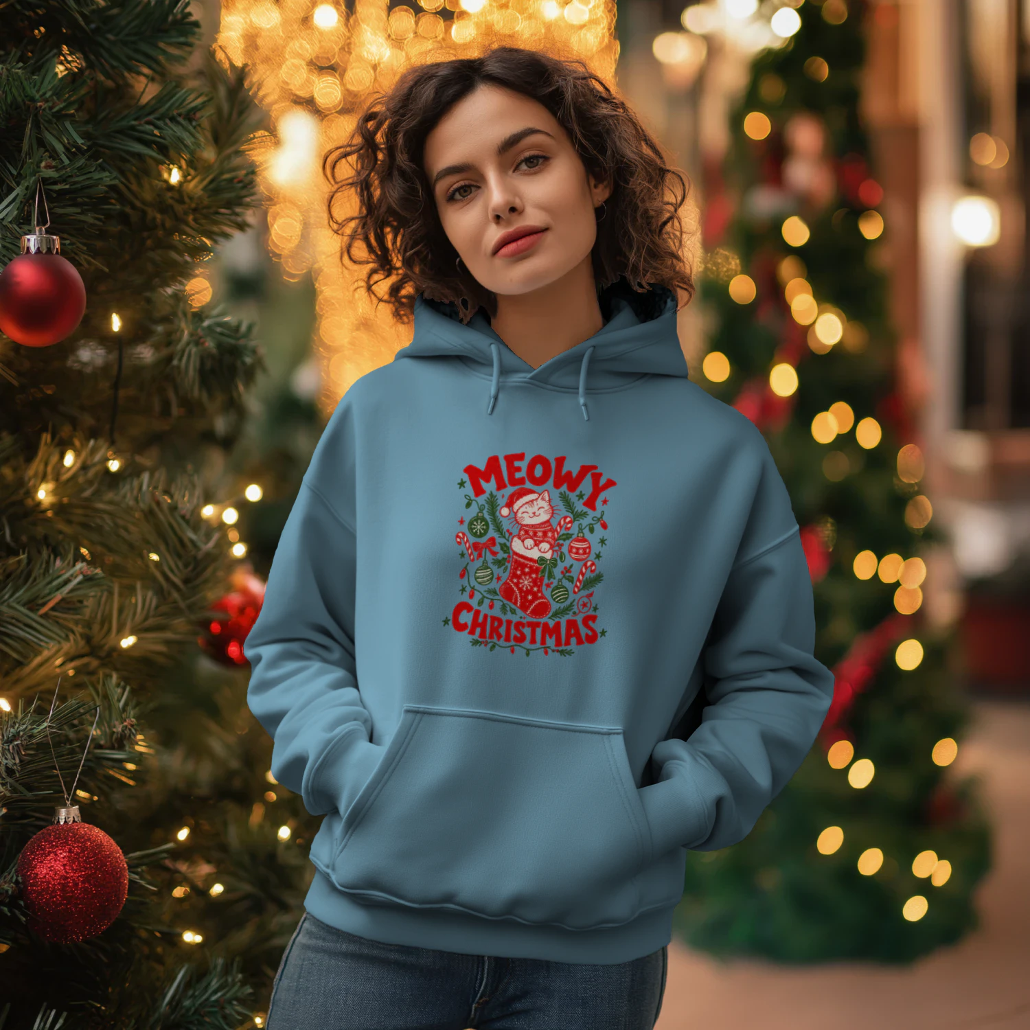 Meowy Christmas Cat Shirt, Funny Christmas Cat T-Shirt, Cute Cat Lover Holiday Gift