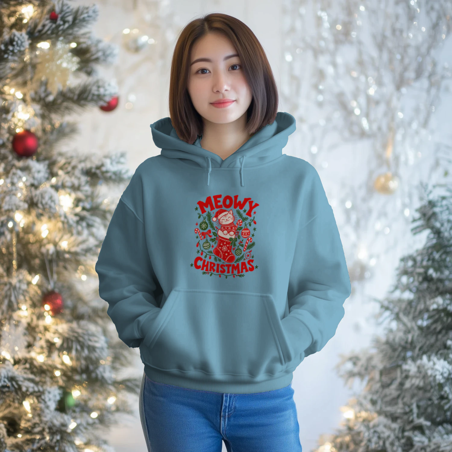 Meowy Christmas Cat Shirt, Funny Christmas Cat T-Shirt, Cute Cat Lover Holiday Gift