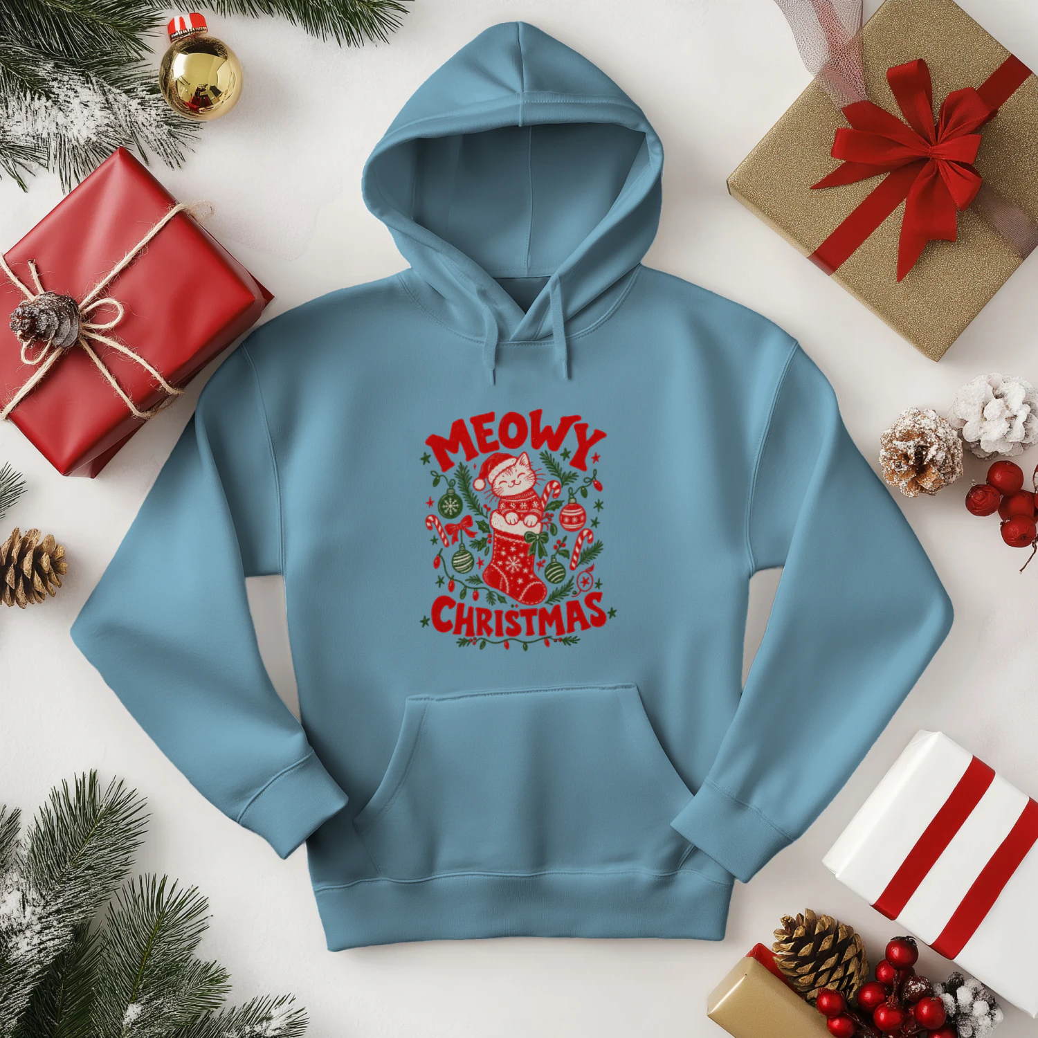 Meowy Christmas Cat Shirt, Funny Christmas Cat T-Shirt, Cute Cat Lover Holiday Gift