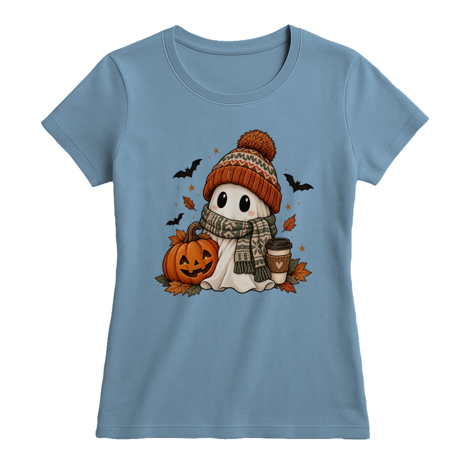 Cozy Ghost Halloween, Cute Ghost with Beanie & Scarf, Pumpkin Spice Coffee Fall Design, Spooky Season Autumn Shirt Sublimation