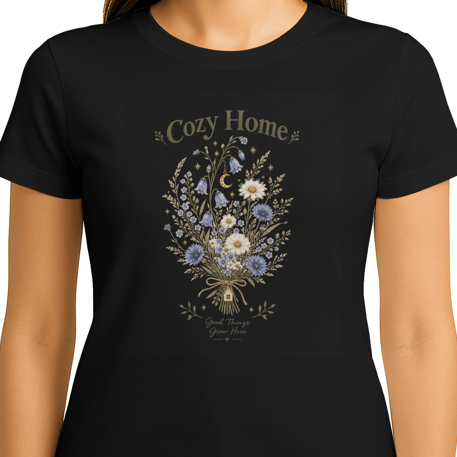 Cozy Home Wildflower T-Shirt – Cottagecore Floral Bouquet with Moon & Daisies