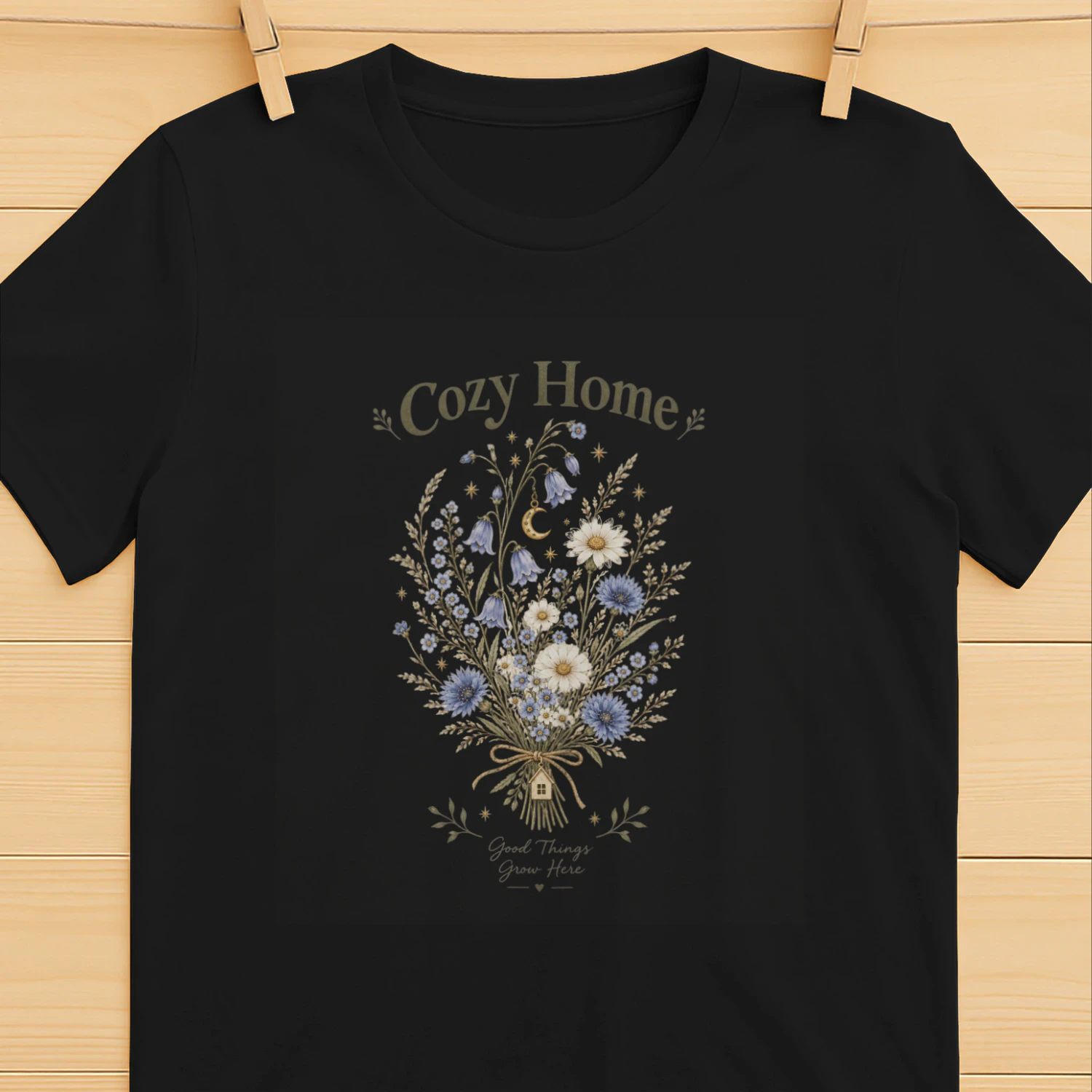 Cozy Home Wildflower T-Shirt – Cottagecore Floral Bouquet with Moon & Daisies