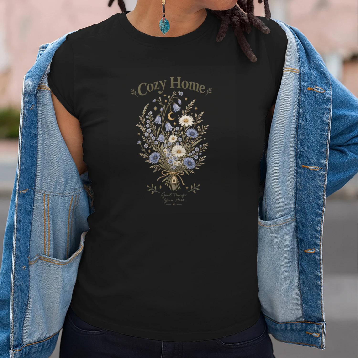 Cozy Home Wildflower T-Shirt – Cottagecore Floral Bouquet with Moon & Daisies