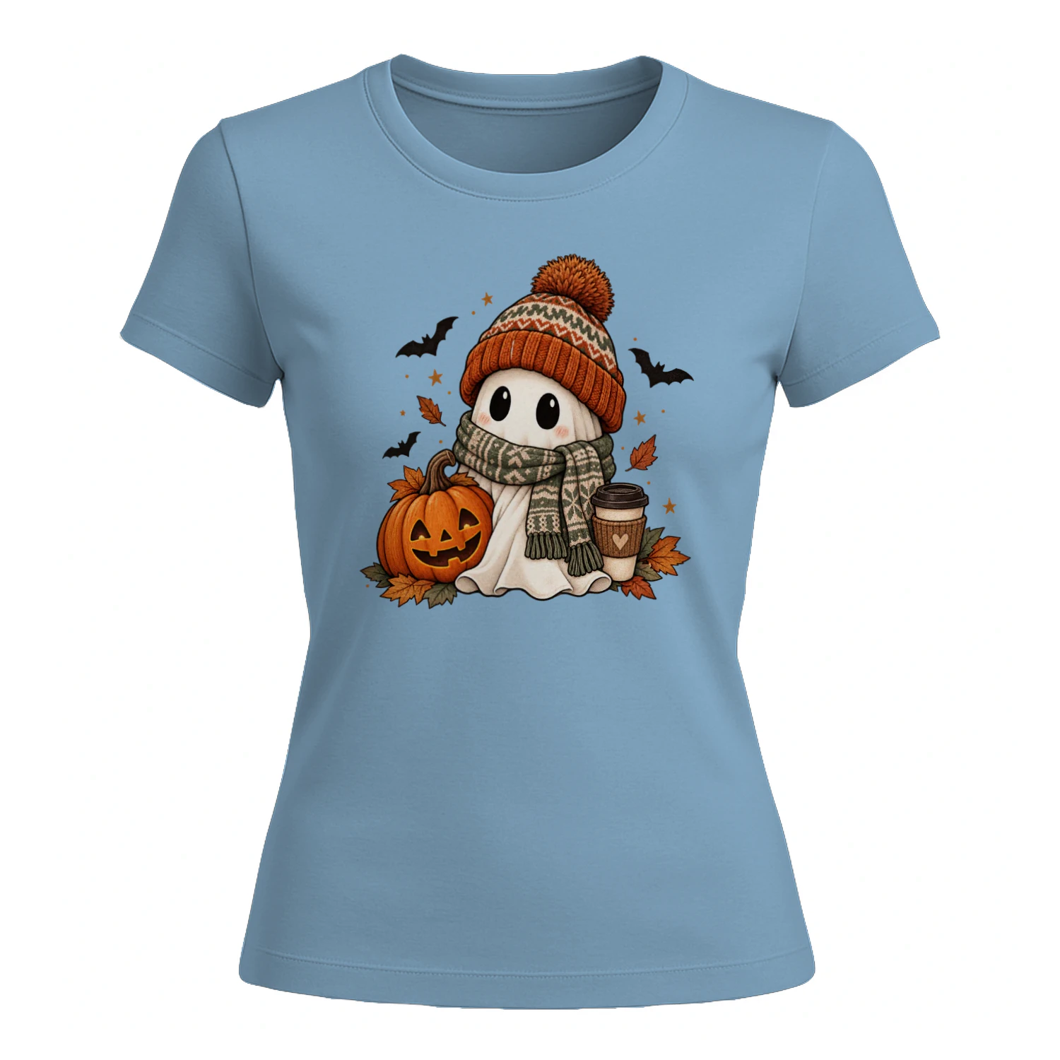 Cozy Ghost Halloween, Cute Ghost with Beanie & Scarf, Pumpkin Spice Coffee Fall Design, Spooky Season Autumn Shirt Sublimation
