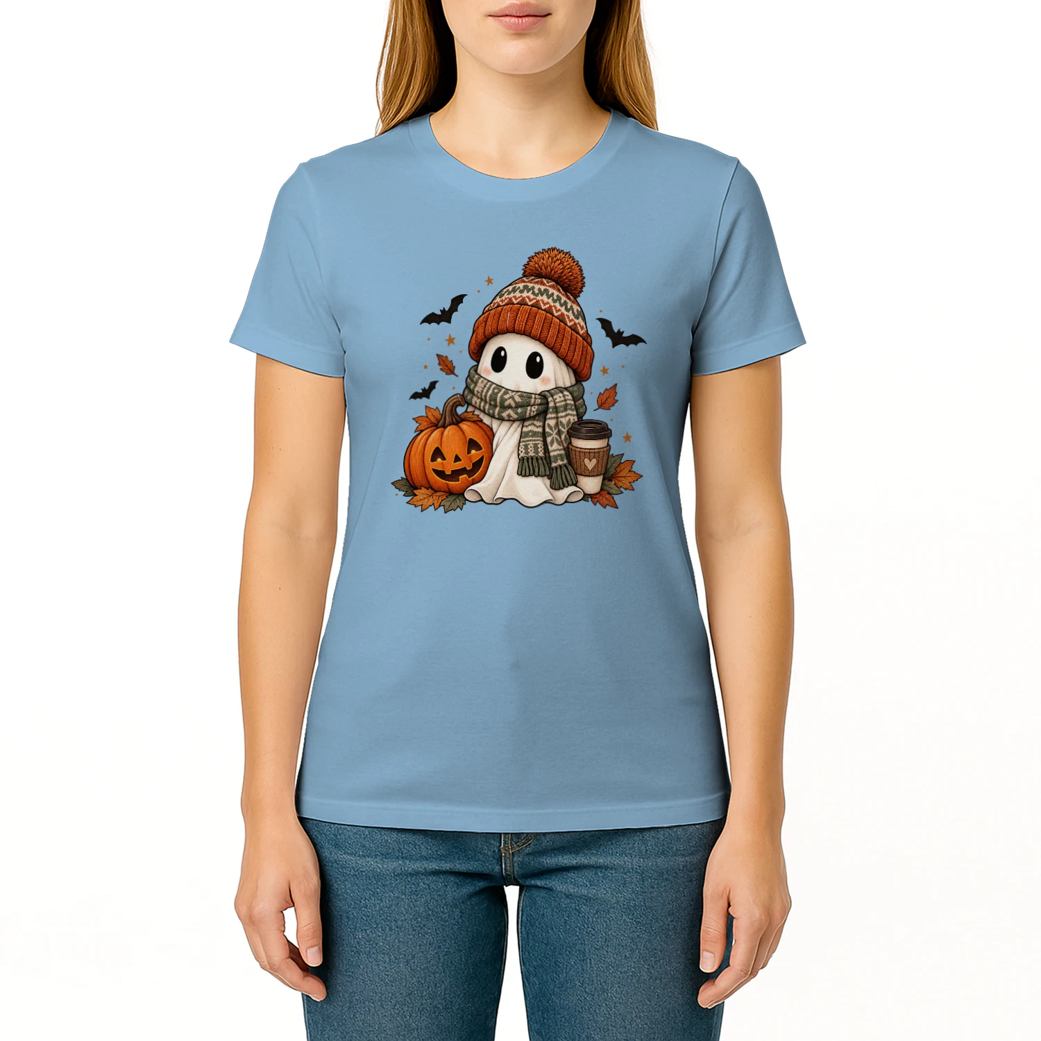 Cozy Ghost Halloween, Cute Ghost with Beanie & Scarf, Pumpkin Spice Coffee Fall Design, Spooky Season Autumn Shirt Sublimation