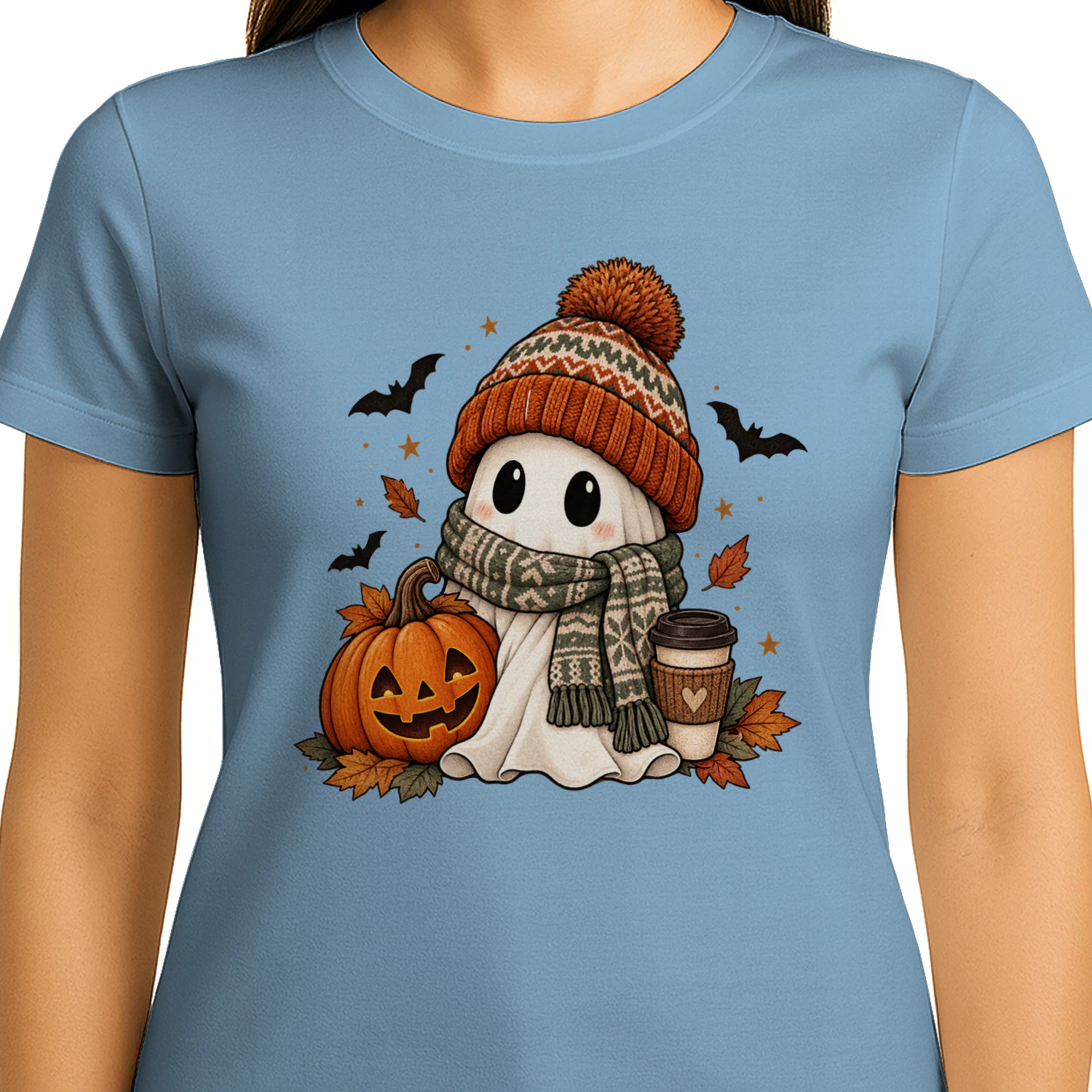 Cozy Ghost Halloween, Cute Ghost with Beanie & Scarf, Pumpkin Spice Coffee Fall Design, Spooky Season Autumn Shirt Sublimation